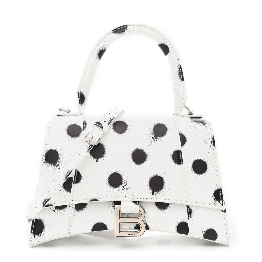 Smooth Calfskin Spray Polka Dot Small Hourglass Top Handle Bag White Black