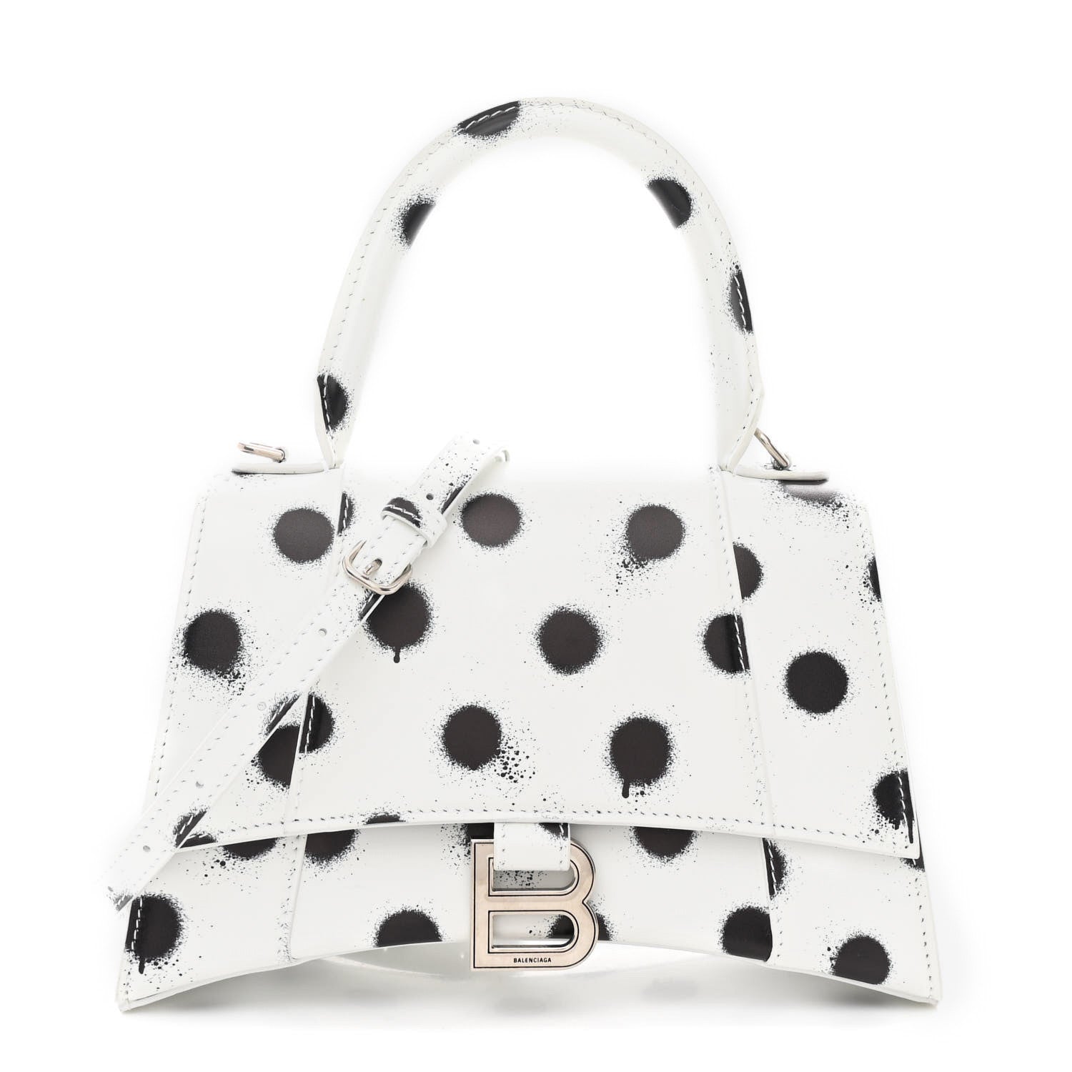 Smooth Calfskin Spray Polka Dot Small Hourglass Top Handle Bag White Black