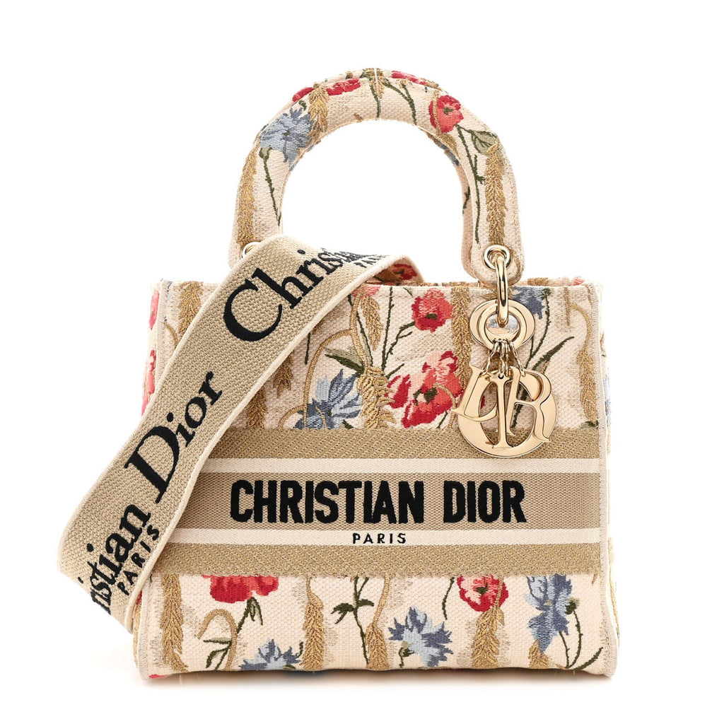 Canvas Embroidered Hibiscus Printed Medium Lady D-Lite Beige Multicolor