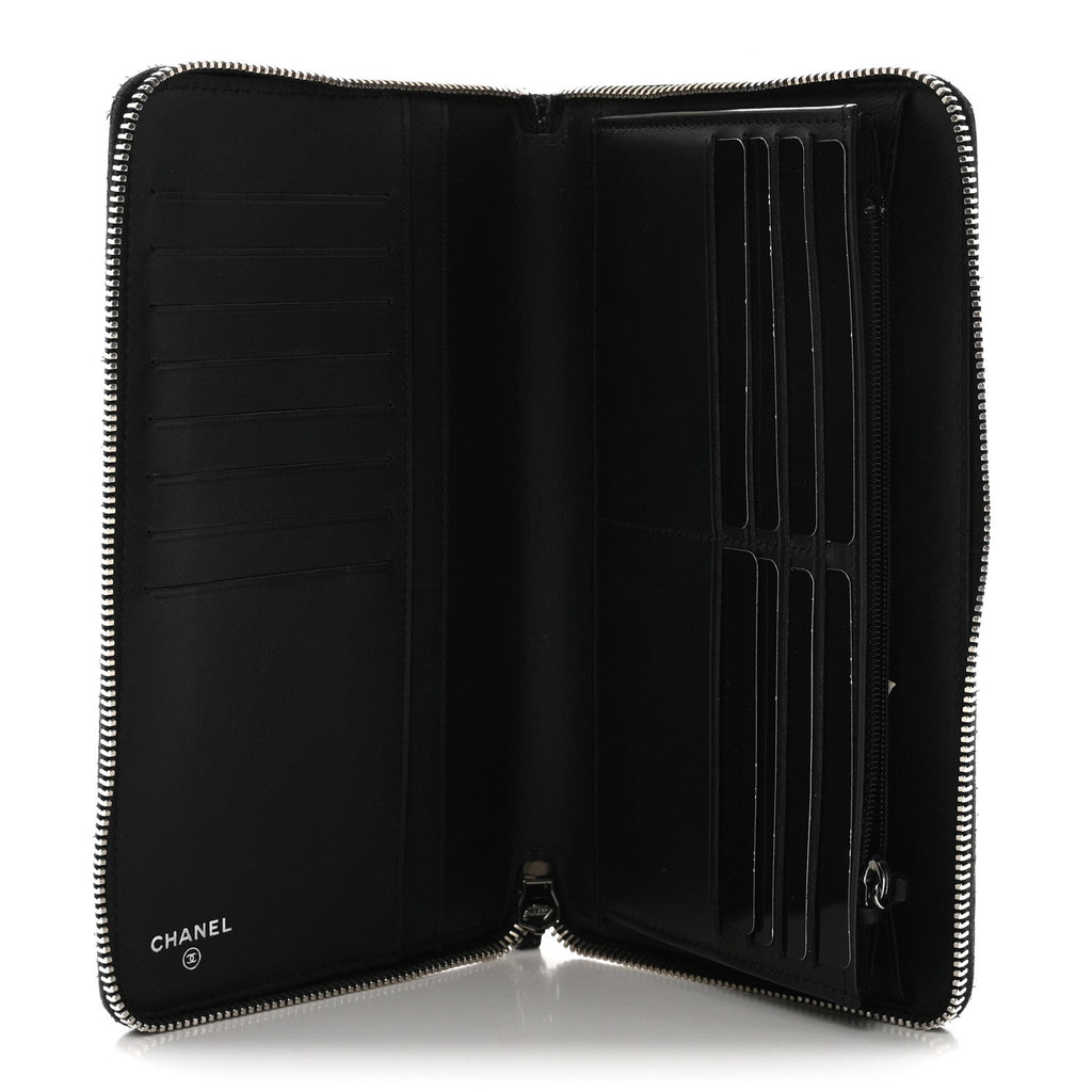 Glittered Calfskin Quilted Large Zip Around Organizer Wallet Black