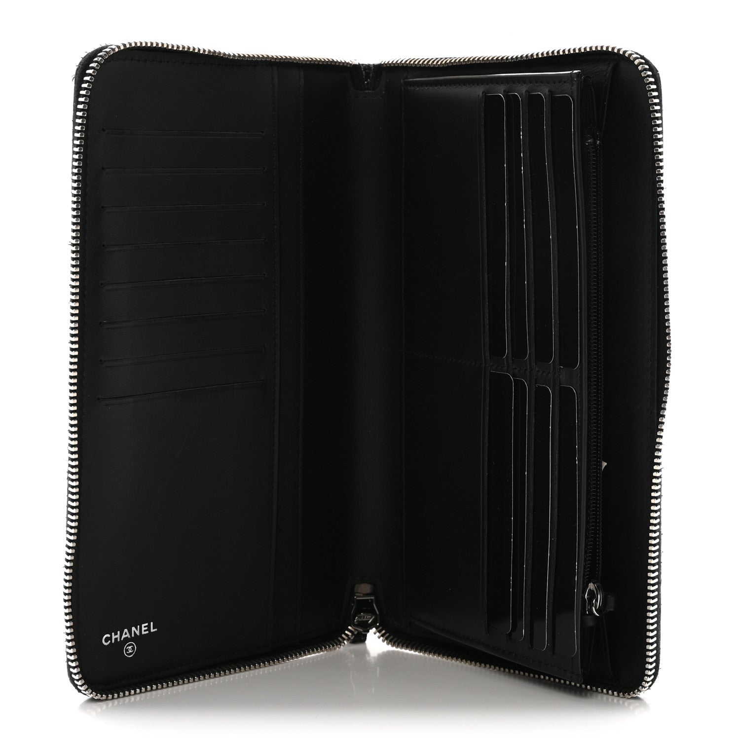 Glittered Calfskin Quilted Large Zip Around Organizer Wallet Black