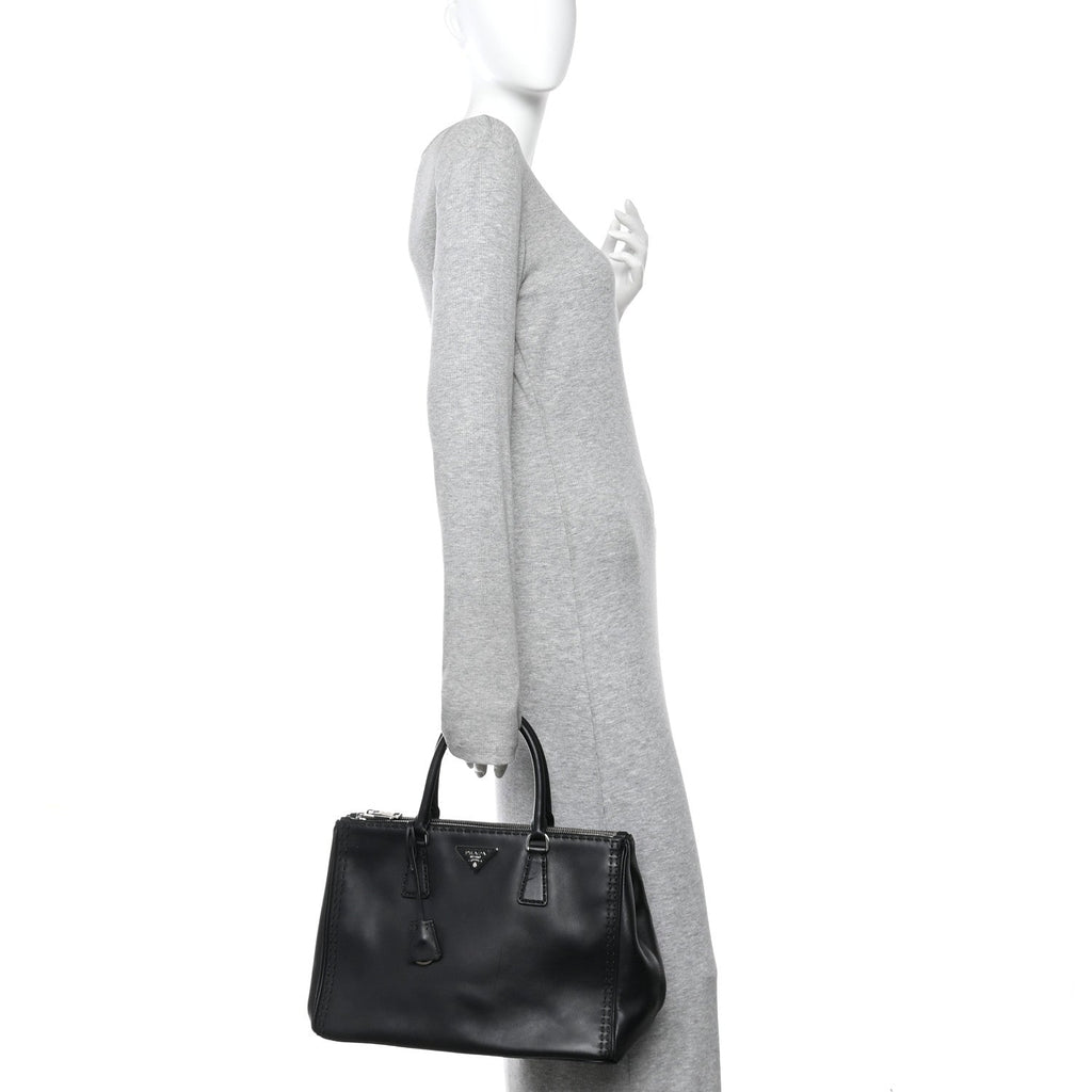 City Calf Hand Stitched Large Galleria Double Zip Tote Black