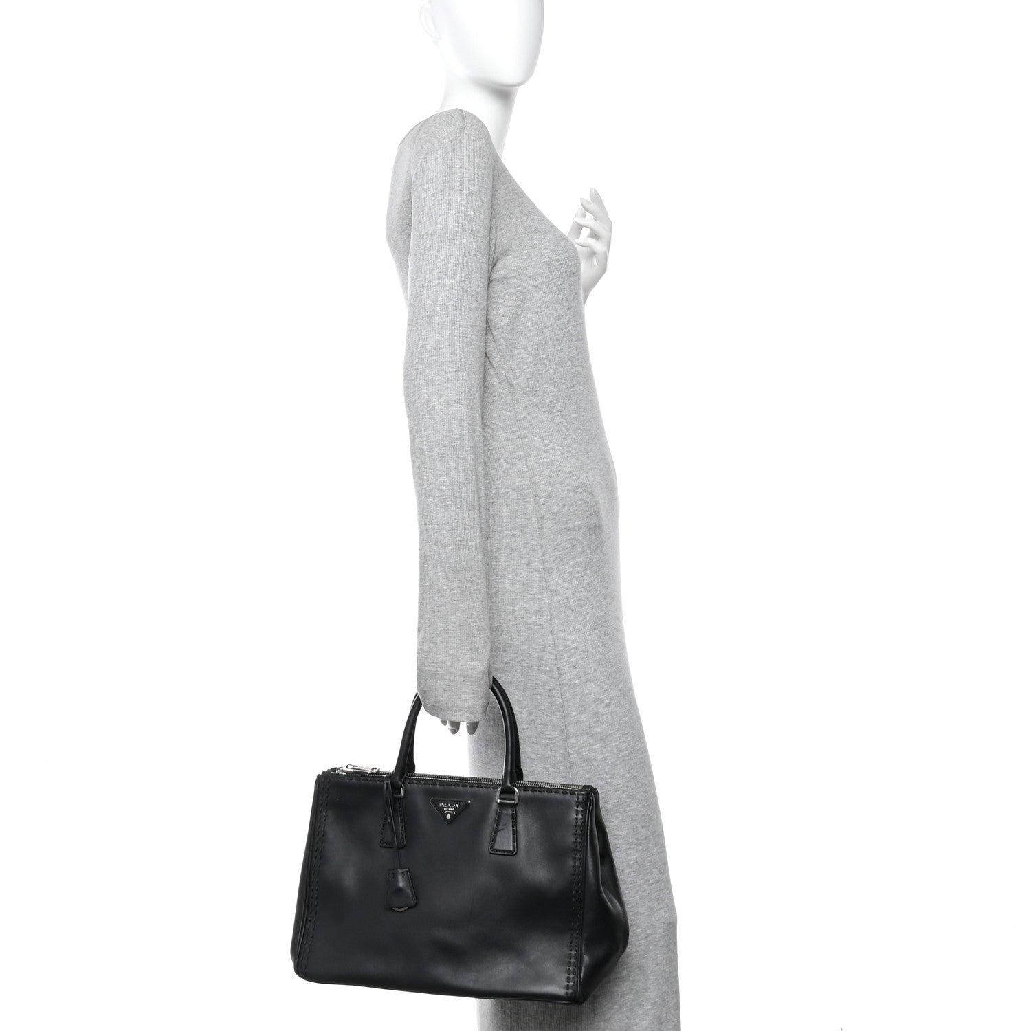 City Calf Hand Stitched Large Galleria Double Zip Tote Black
