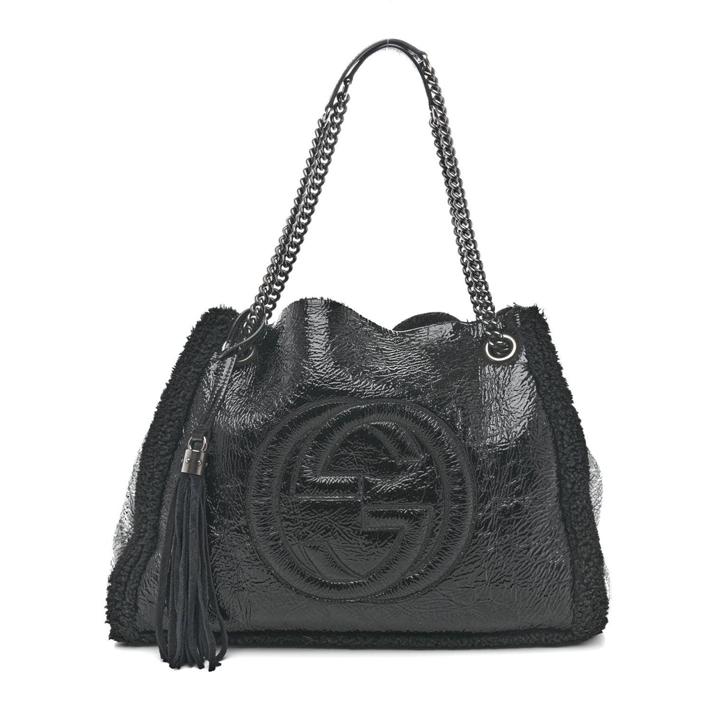 Patent Shearling Medium Soho Chain Shoulder Bag Black