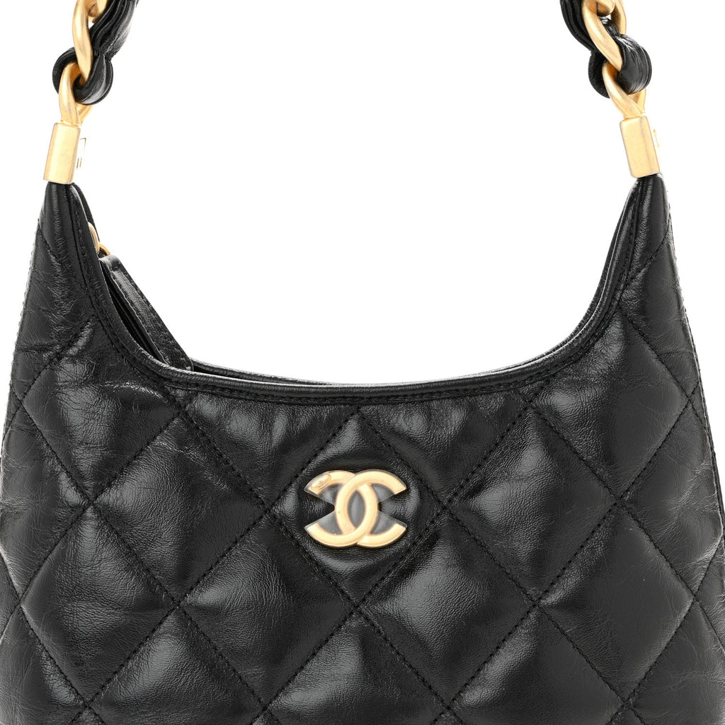 Shiny Crumpled Lambskin Quilted Small CC Funky Town Hobo Black