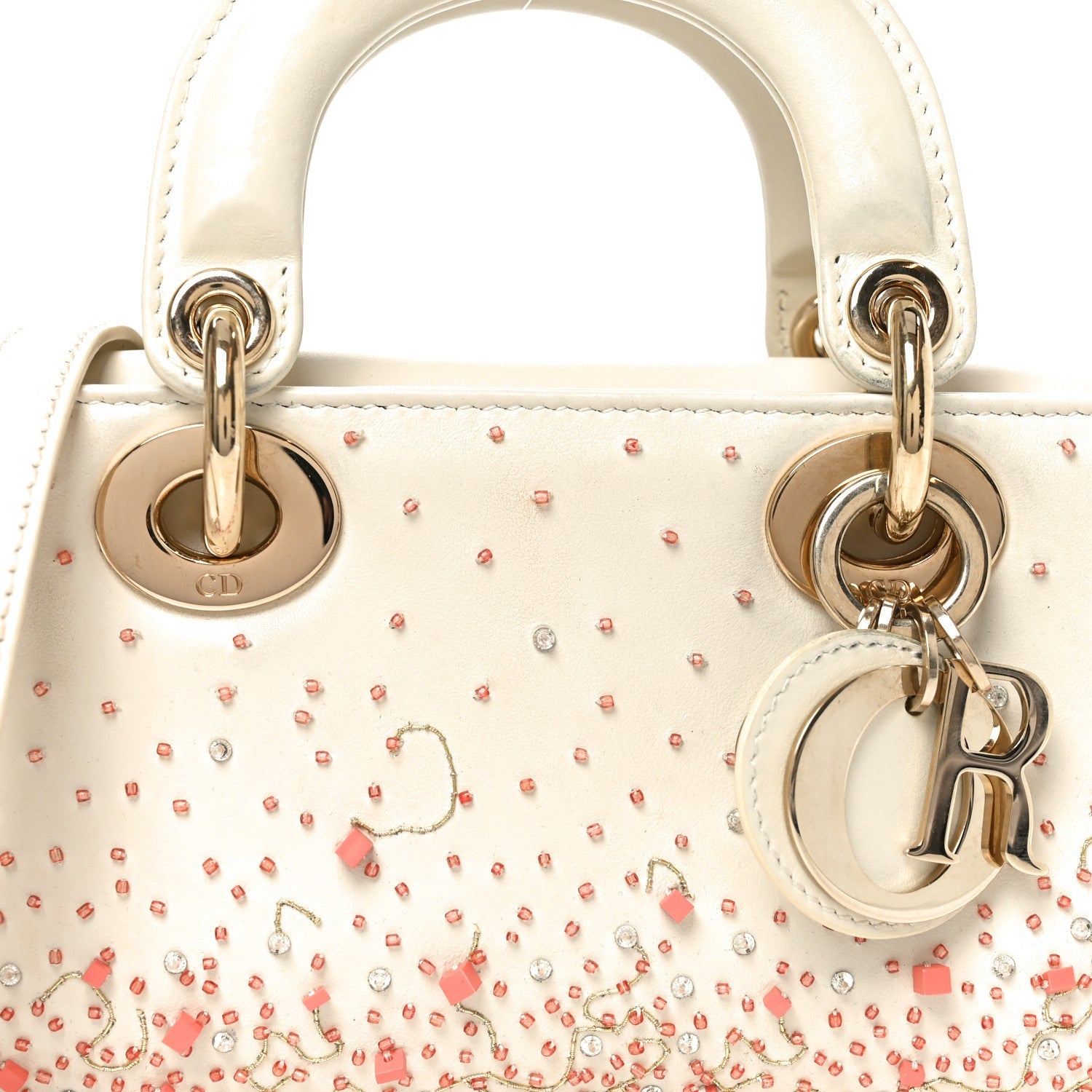 Calfskin Embroidered Small Lady D-Joy White Multicolor