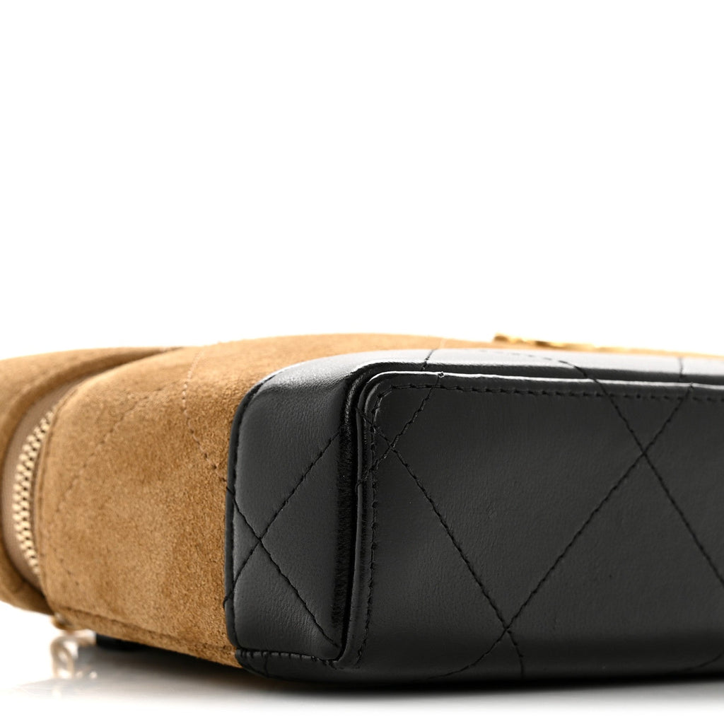 Suede Calfskin Shiny Lambskin Quilted Top Handle Slim Vanity Case With Chain Beige Black