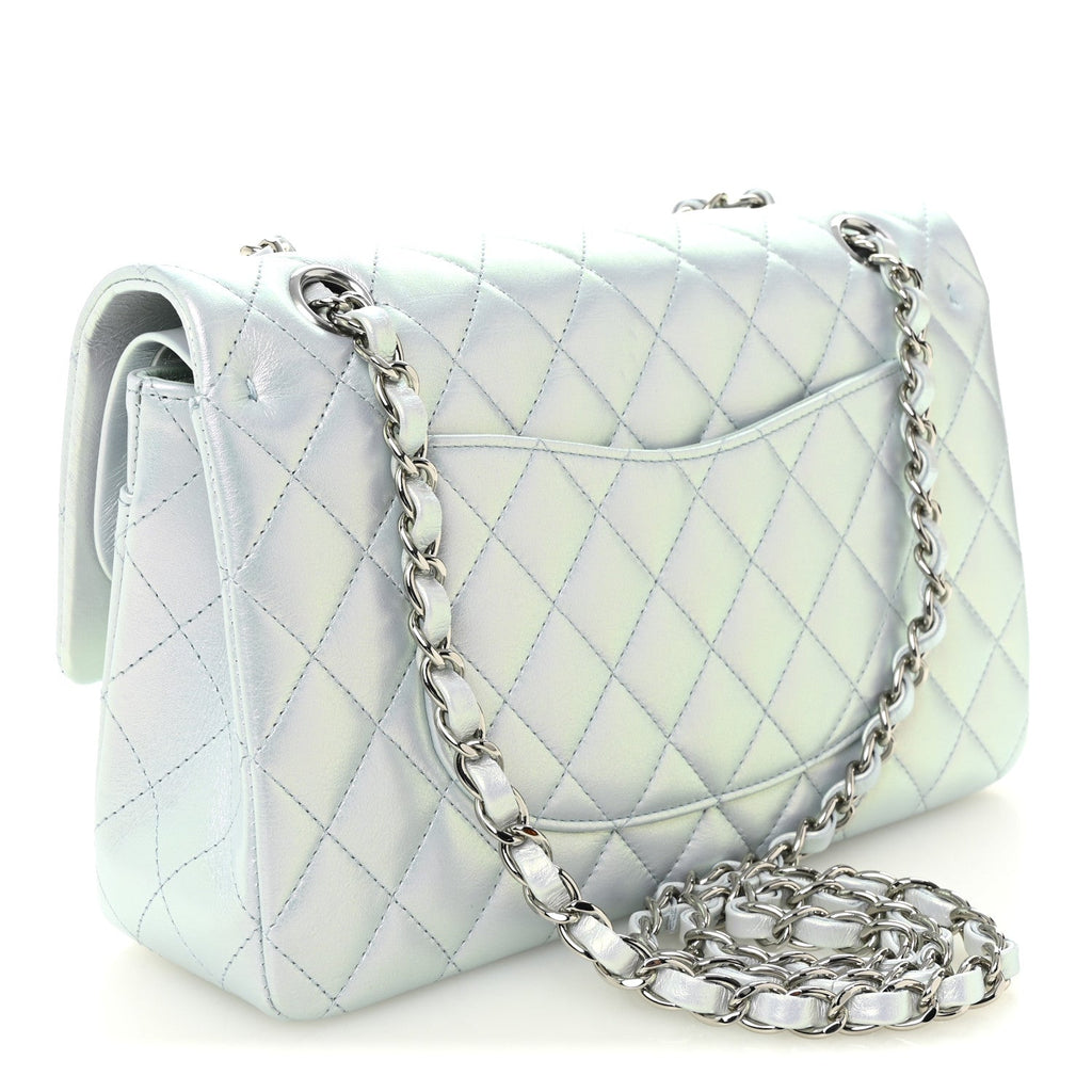 Iridescent Calfskin Quilted Medium Double Flap Light Blue