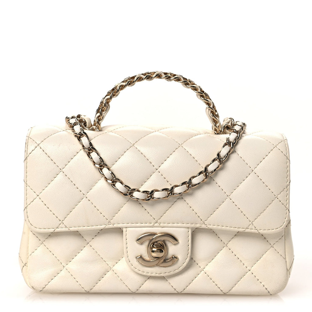 Lambskin Quilted Mini Crystal Top Handle Rectangular Flap White