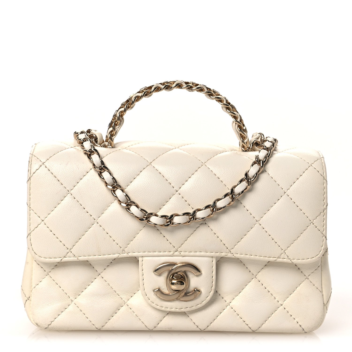 Lambskin Quilted Mini Crystal Top Handle Rectangular Flap White