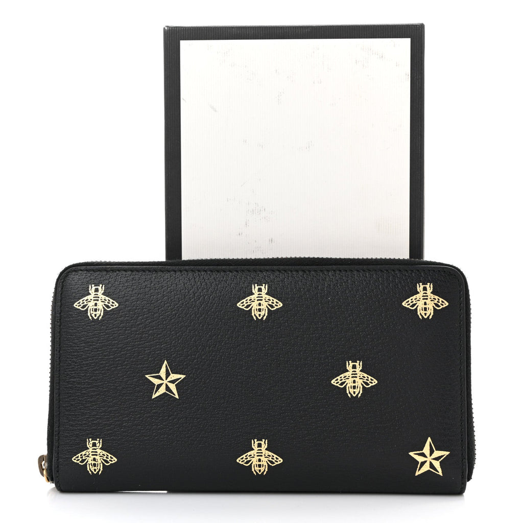 Dollar Calfskin Bee Star Zip Around Wallet Black