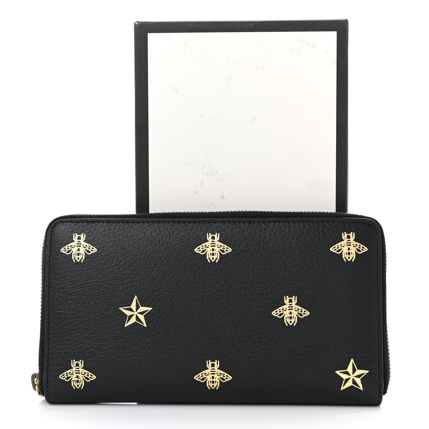 Dollar Calfskin Bee Star Zip Around Wallet Black