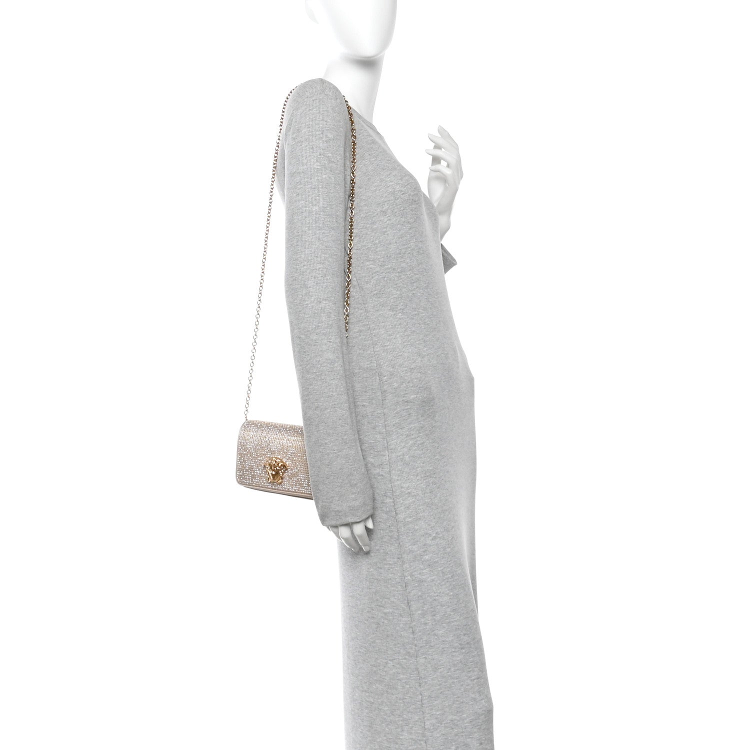 Satin Crystal Medusa Chain Clutch Beige
