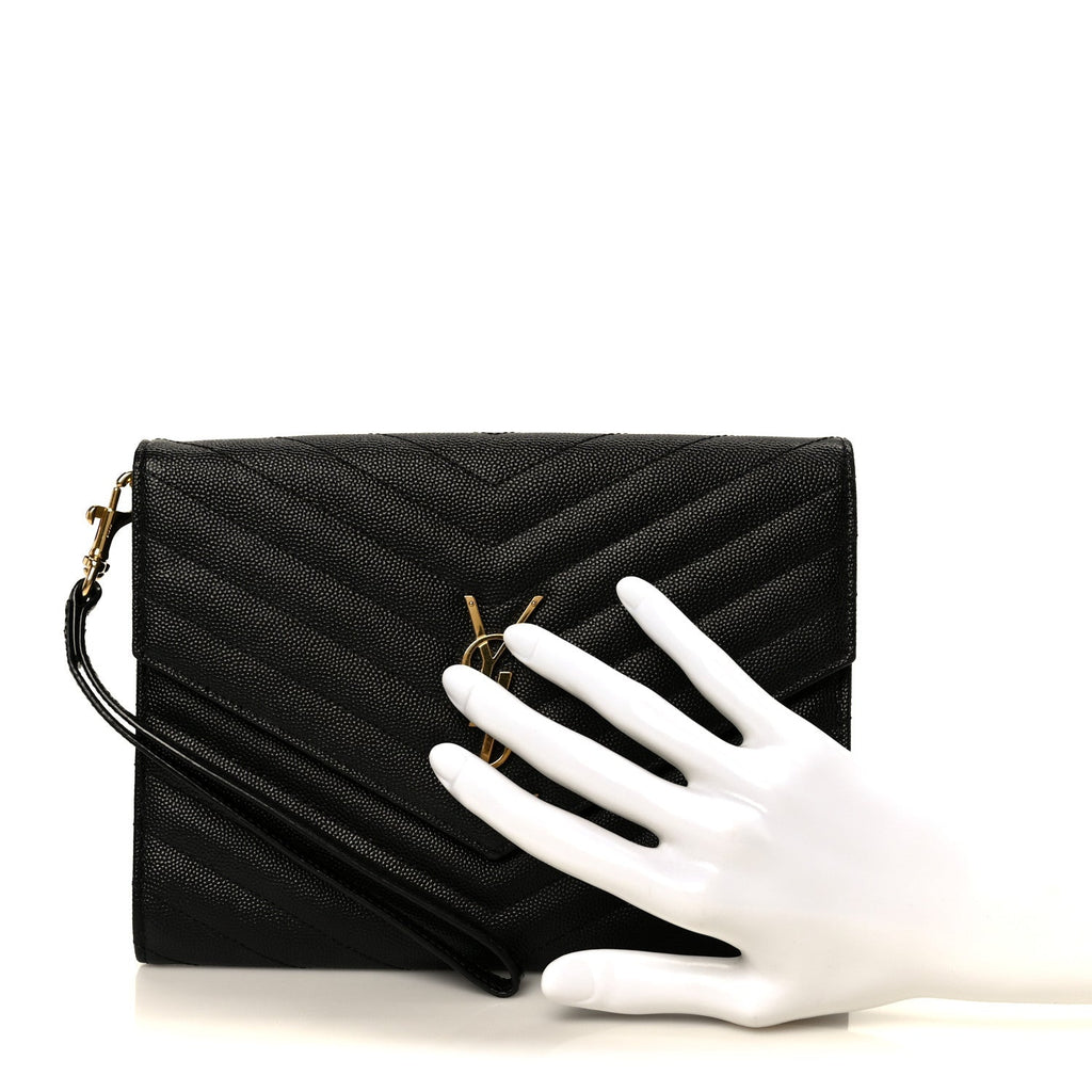 Grain De Poudre Matelasse Chevron Monogram Envelope Clutch Black