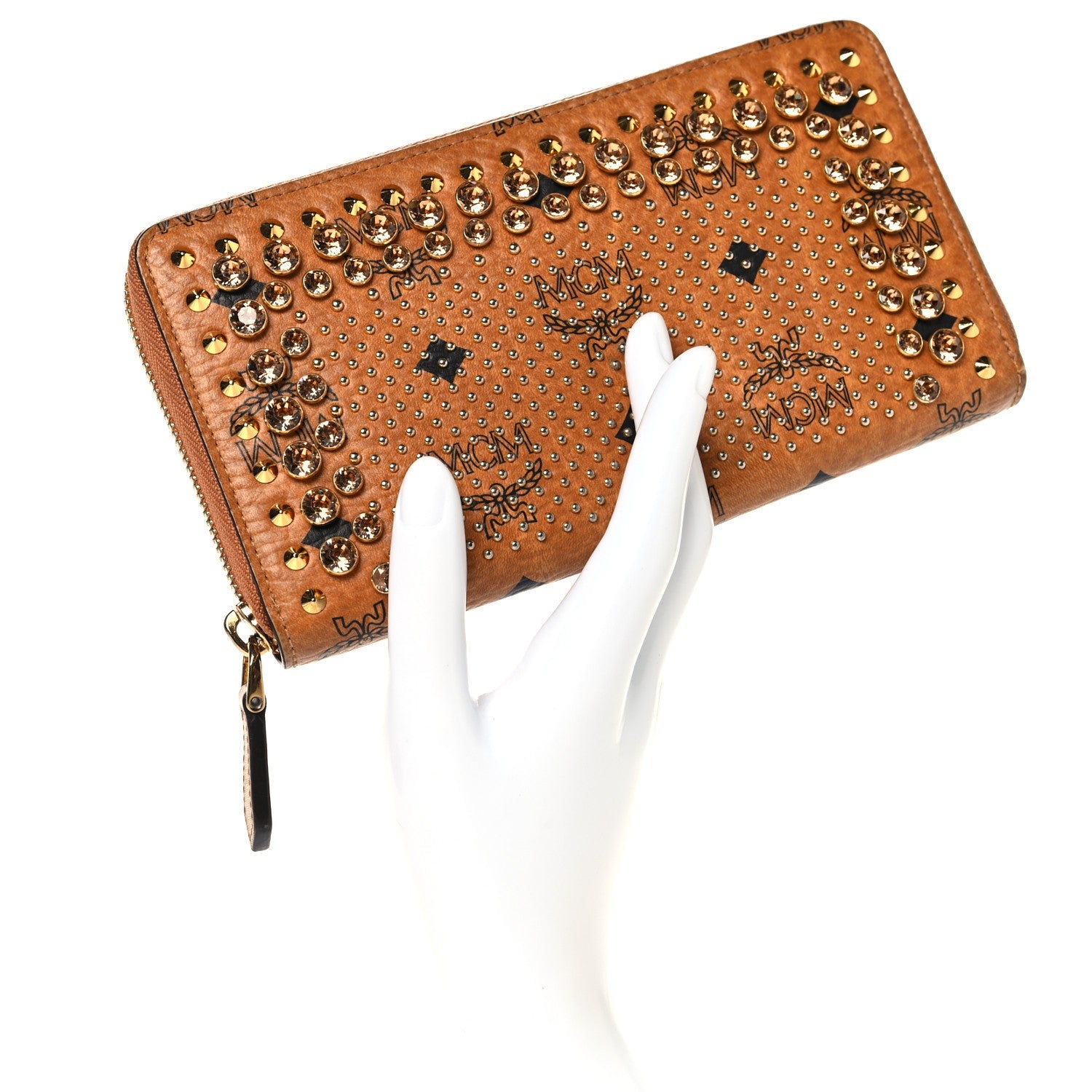 Visetos Studded Crystal Zip Around Wallet Cognac