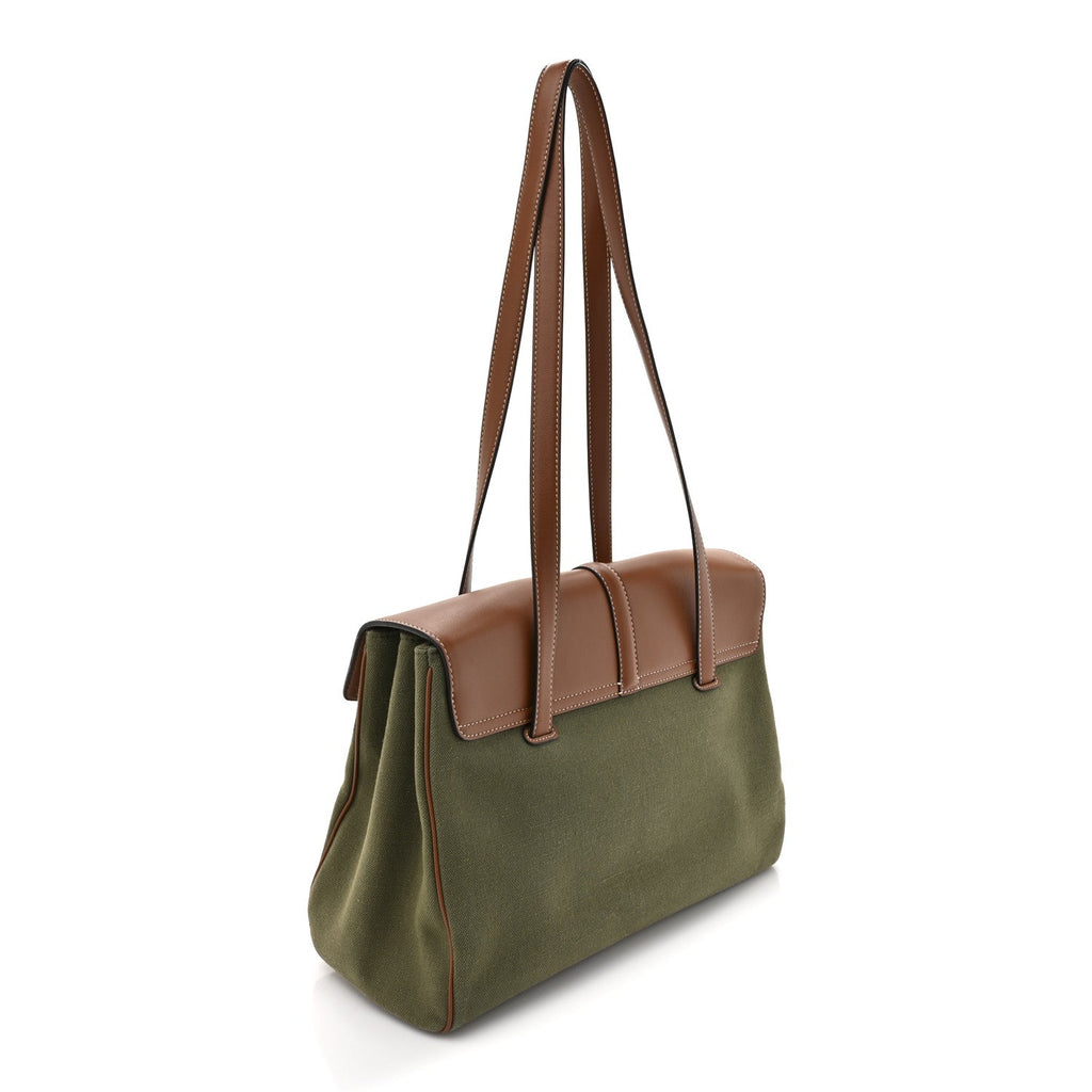 Canvas Calfskin Medium Soft 16 Top Handle Bag Khaki Tan