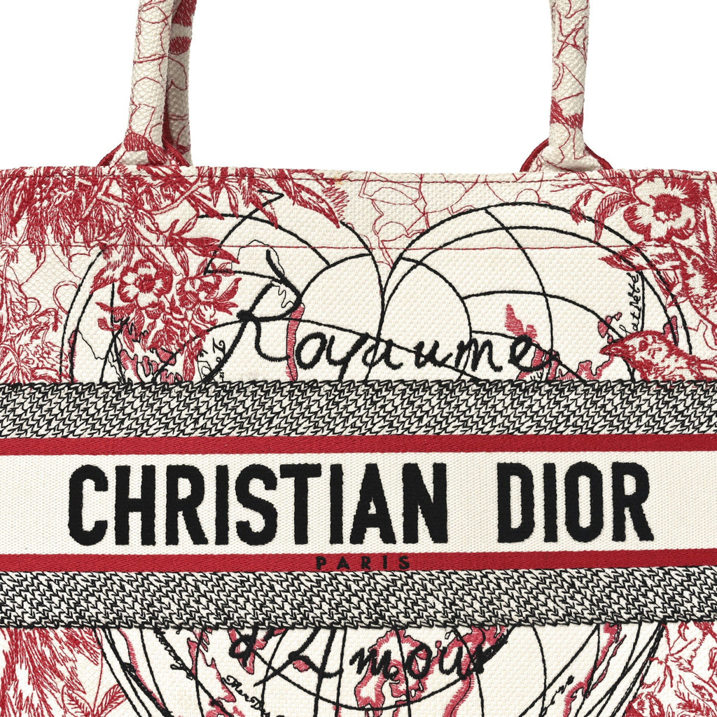 Canvas Embroidered Medium Dioramour D-Royaume Book Tote Red Multicolor
