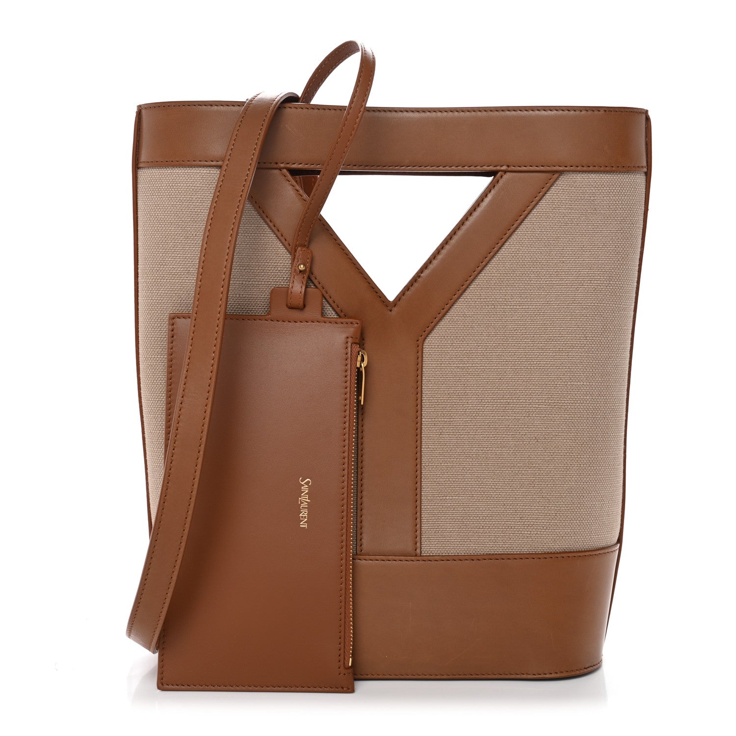 Smooth Calfskin Canvas Y Small Bucket Bag White Camel