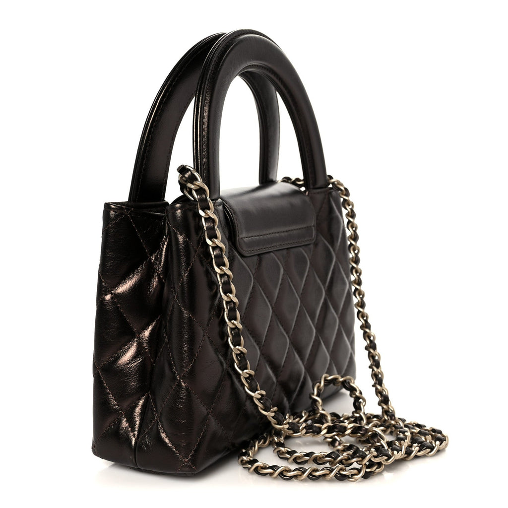 Metallic Aged Calfskin Quilted Nano Kelly Shopper Light Brown