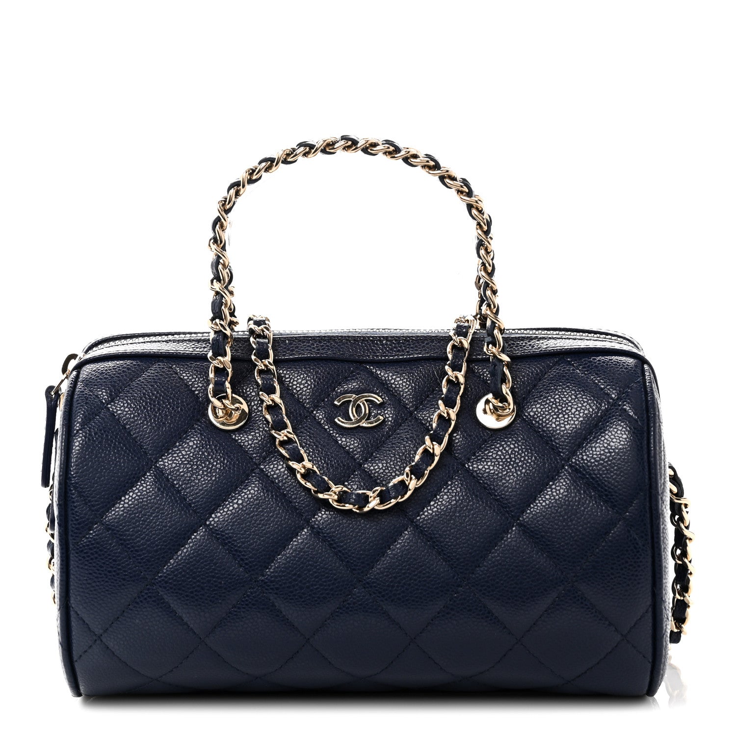 Caviar Quilted Barrel Clutch With Chain  Navy