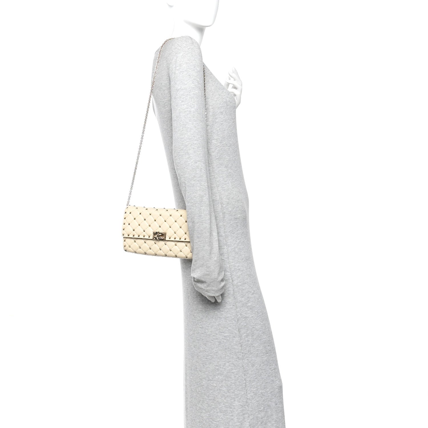 Lambskin Rockstud Spike Wallet on Chain Light Ivory
