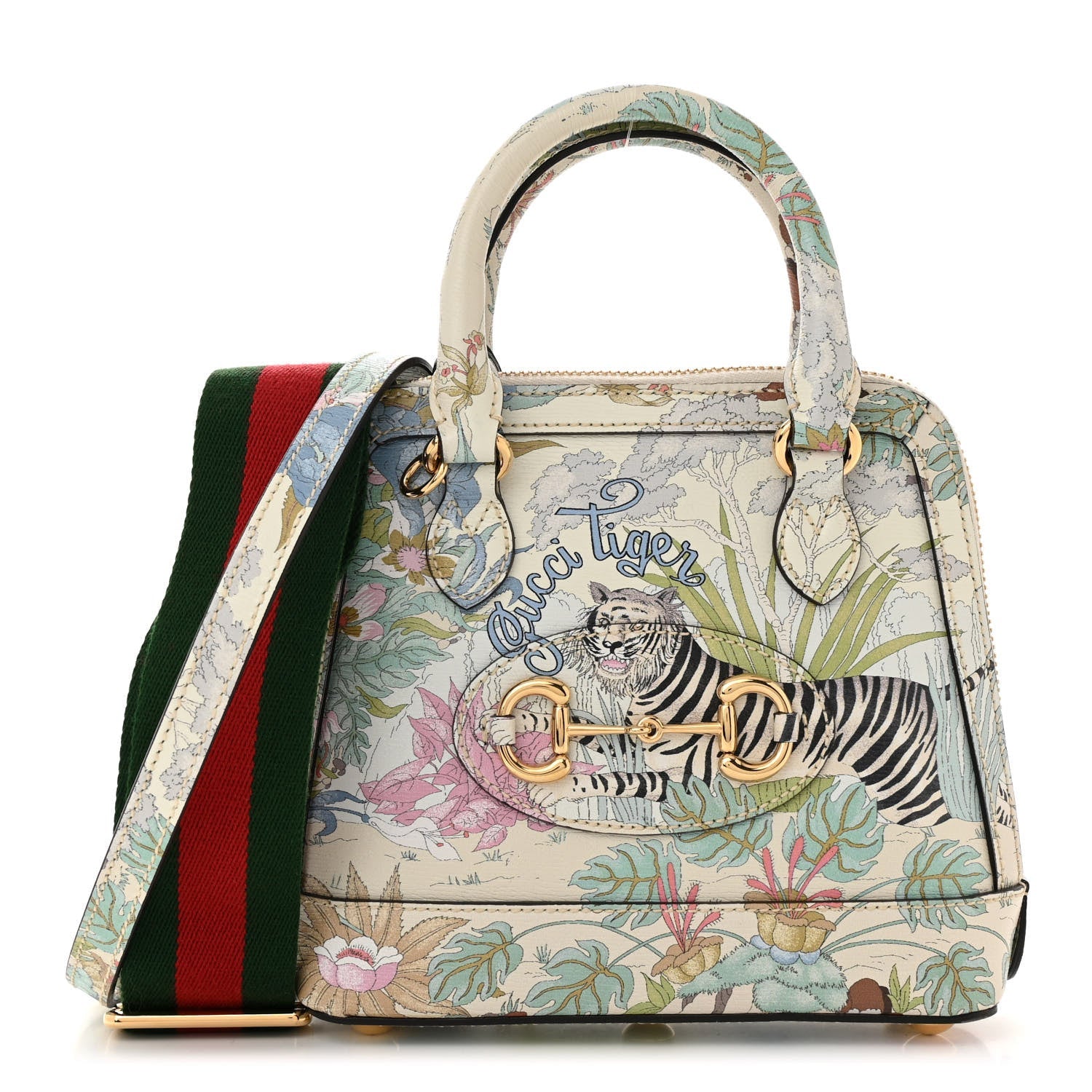 New Shangai Calfskin Tiger Savanah Web Mini Horsebit 1955 Top Handle Bag Chalky White Multicolor