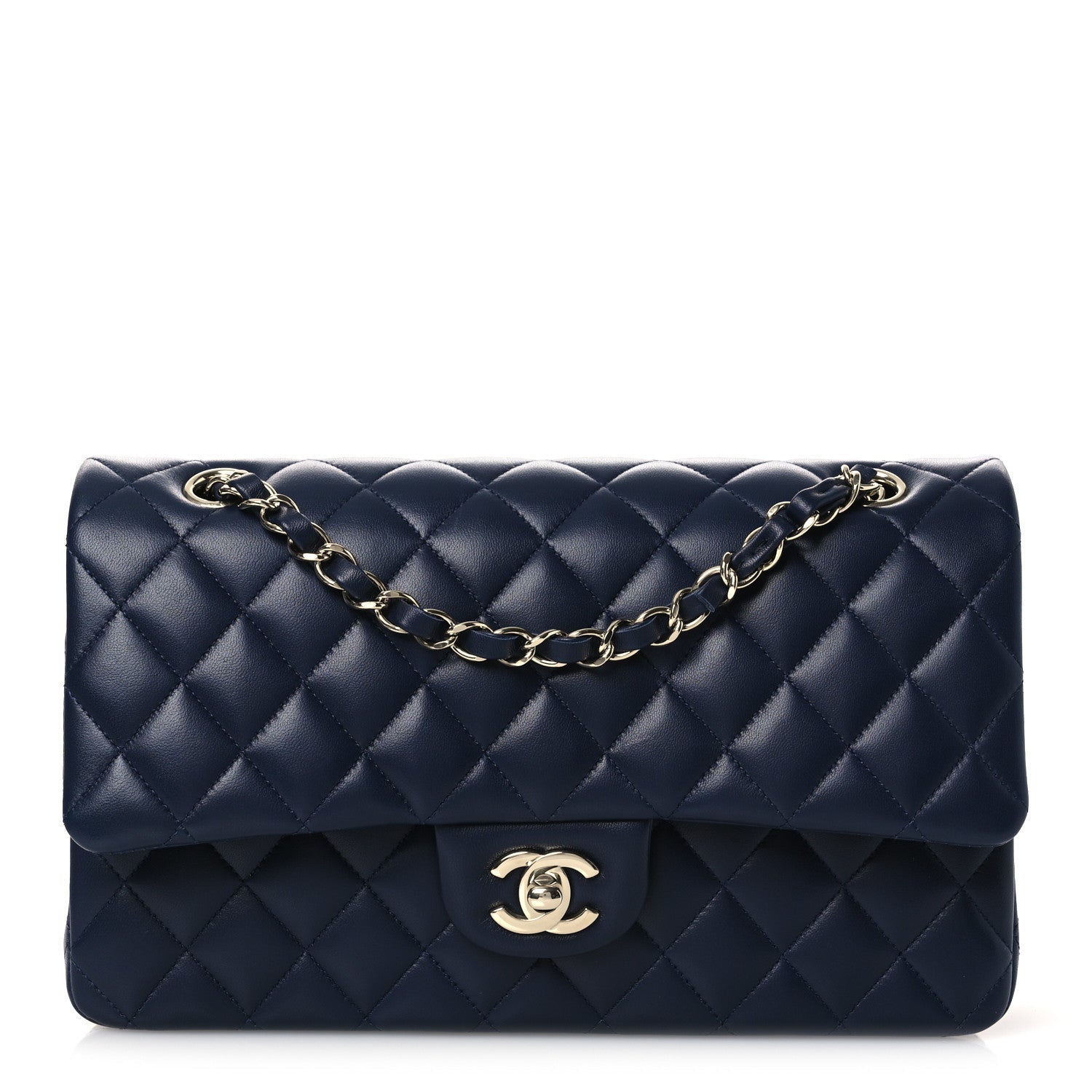 Lambskin Quilted Medium Double Flap Navy