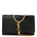 Calfskin Crocodile Embossed Medium Classic Monogram Kate Tassel Satchel Black