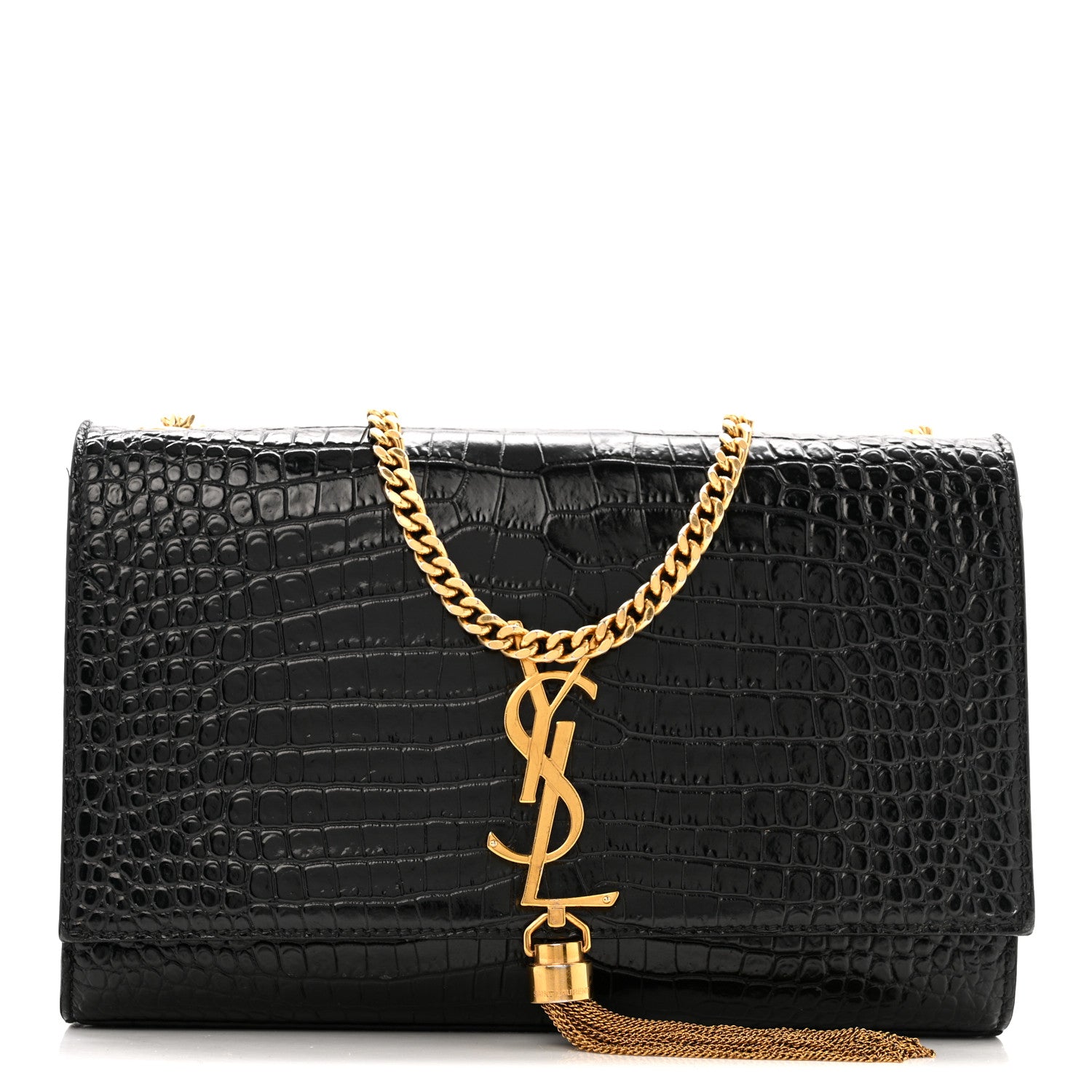 Calfskin Crocodile Embossed Medium Classic Monogram Kate Tassel Satchel Black