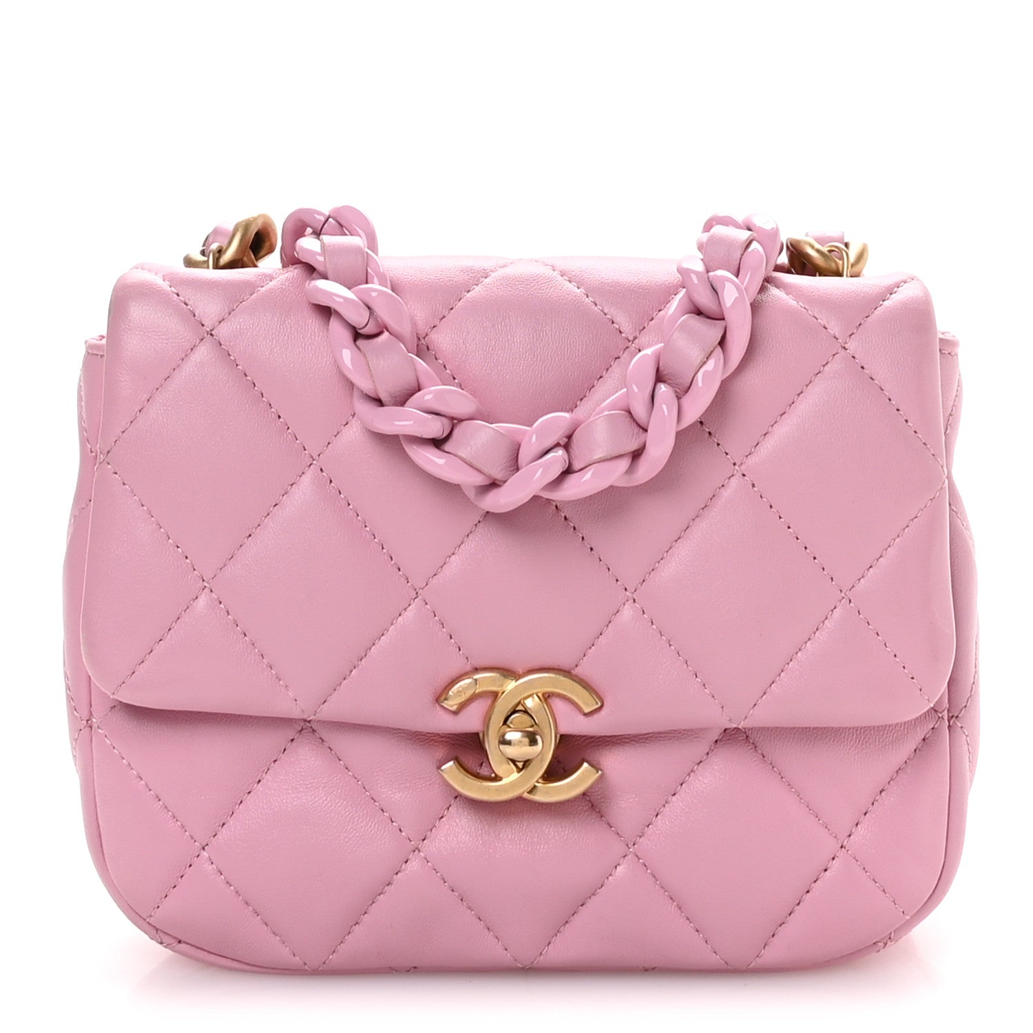 Lambskin Quilted Mini Lacquered Chain Flap Pink