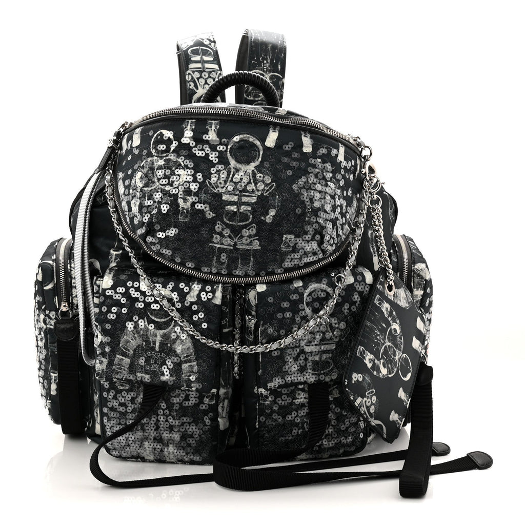 Sequin Nylon Lambskin Astronaut Essentials Backpack Black White