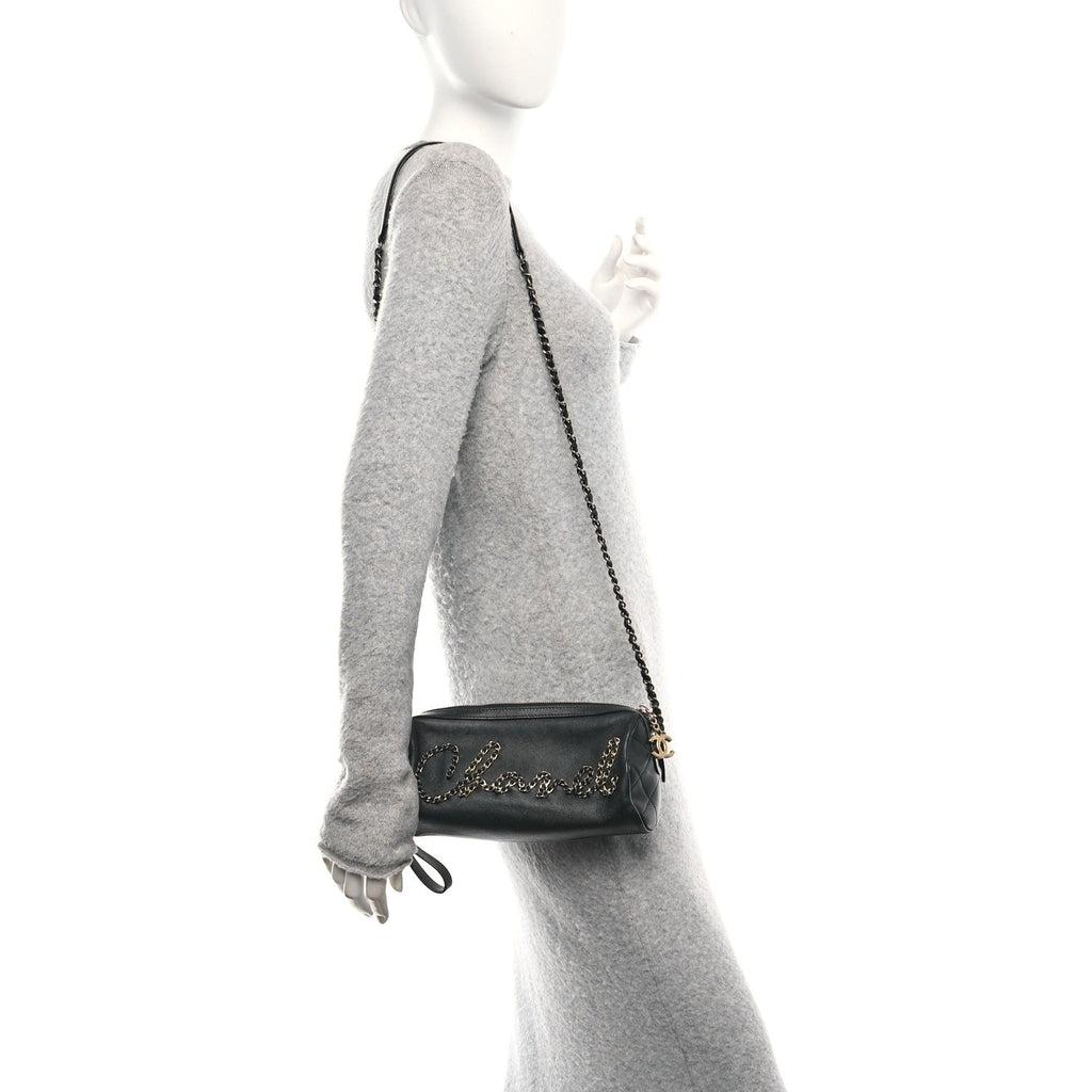 Metallic Lambskin Signe Bowling Bag Black