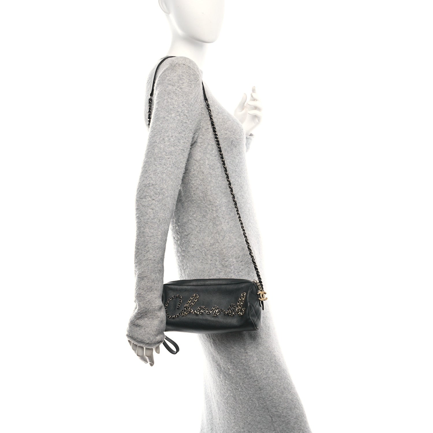 Metallic Lambskin Signe Bowling Bag Black