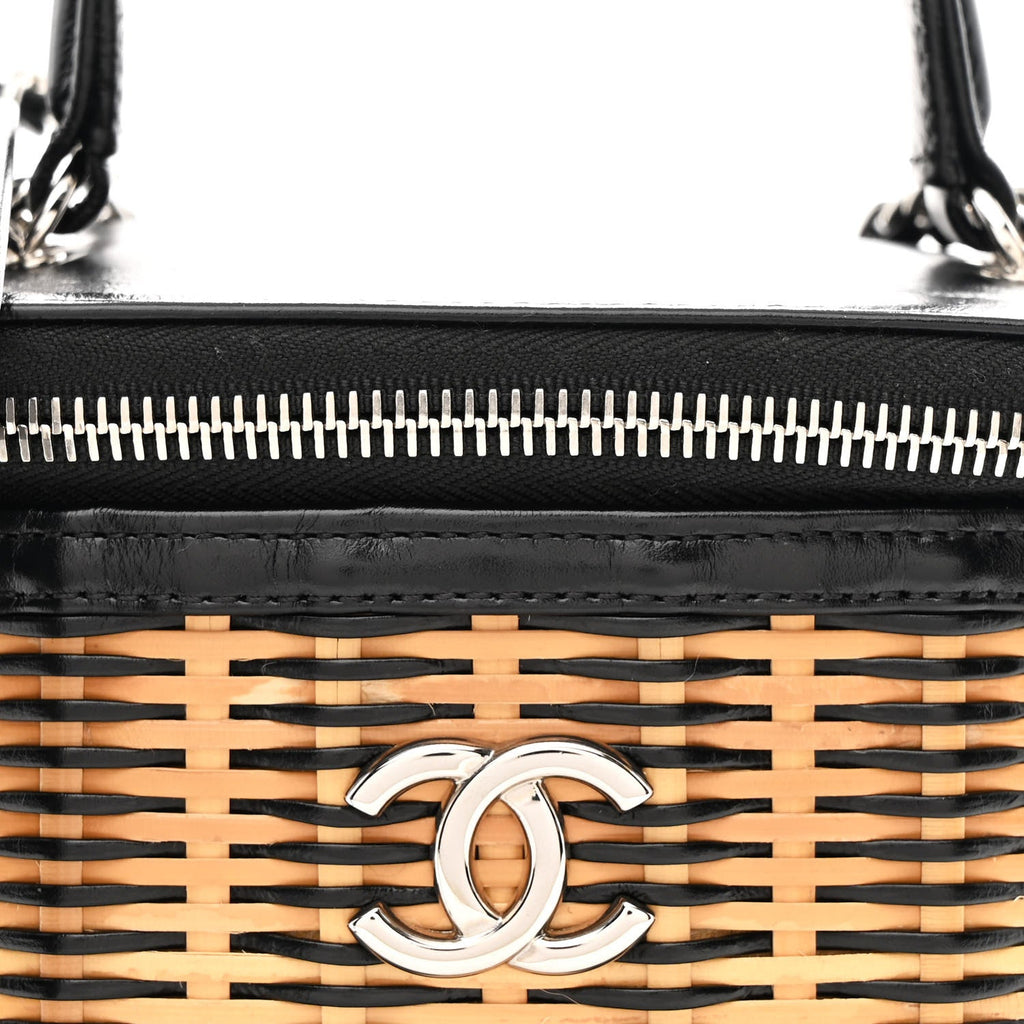 Calfskin Raffia Small Vanity Case Bag Black Beige