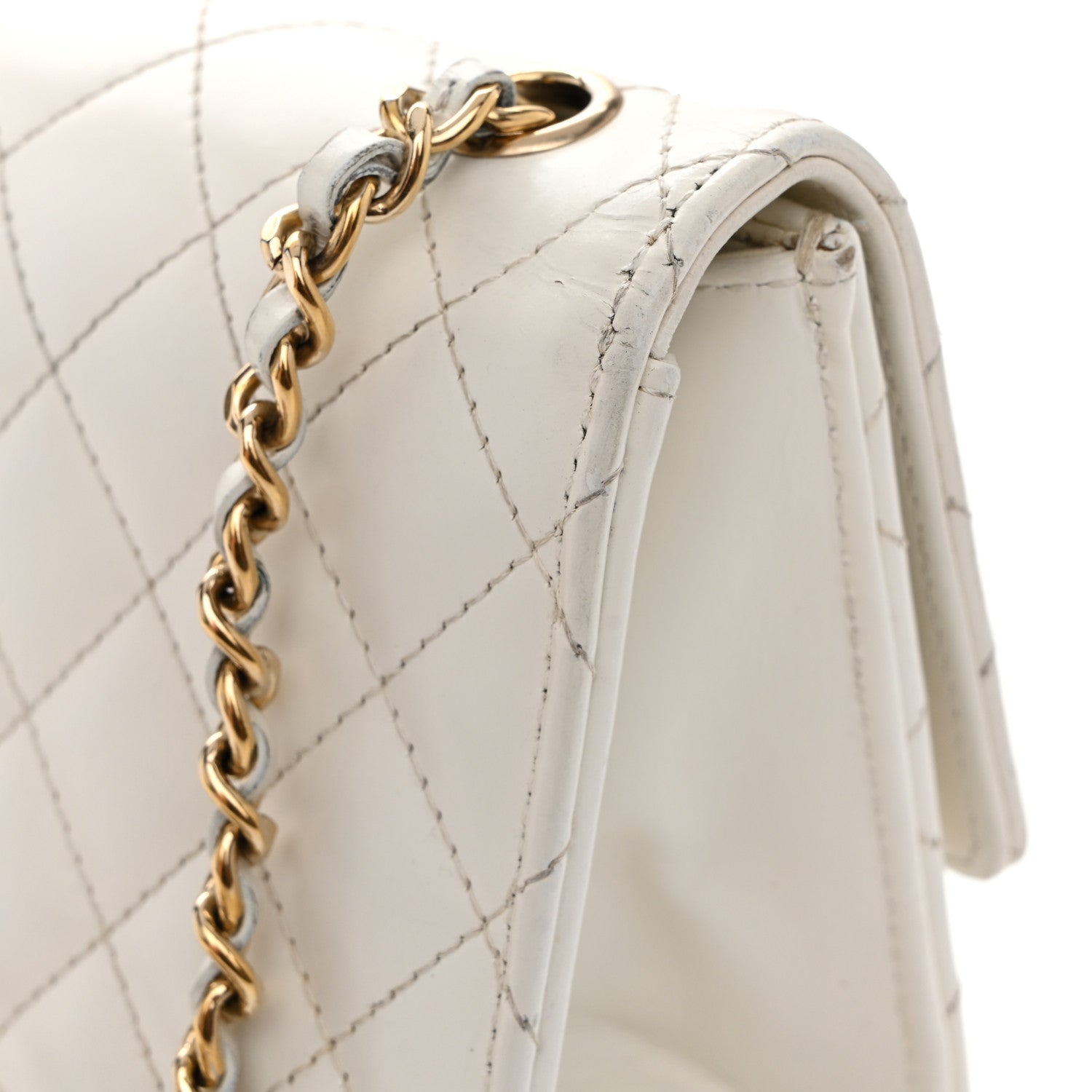 Glazed Calfskin Quilted Small Flap White