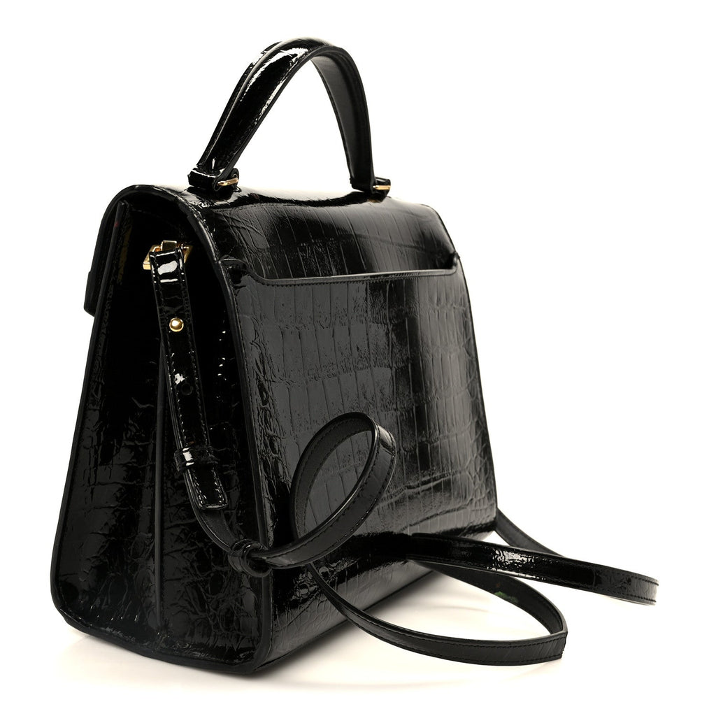 Calfskin Crocodile Embossed Medium Classic Monogram Cassandra Top Handle Black