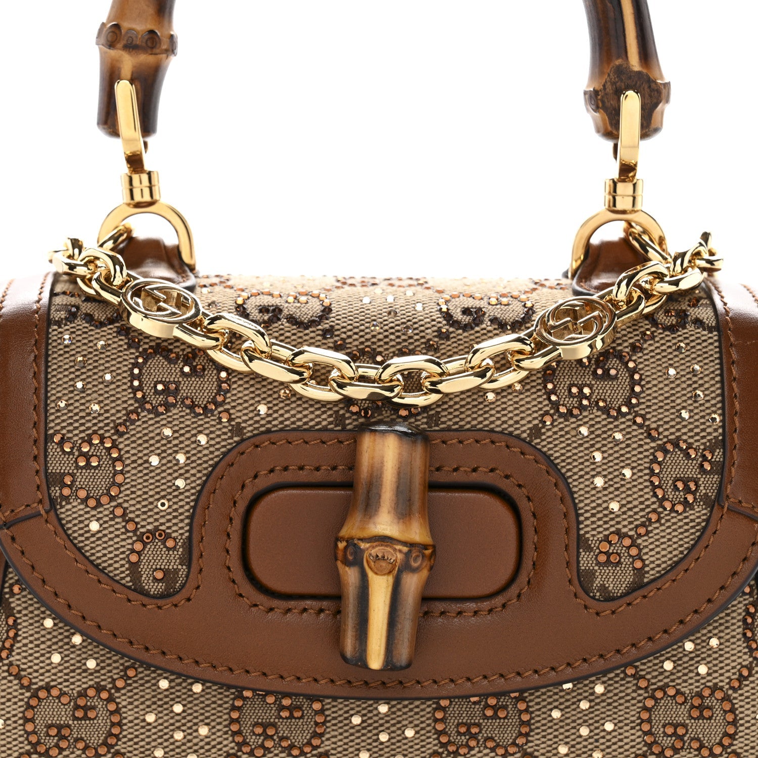 New Canvas Charisma Calfskin Crystal GG Monogram Small Bamboo 1947 Top Handle Bag Camel Ebony