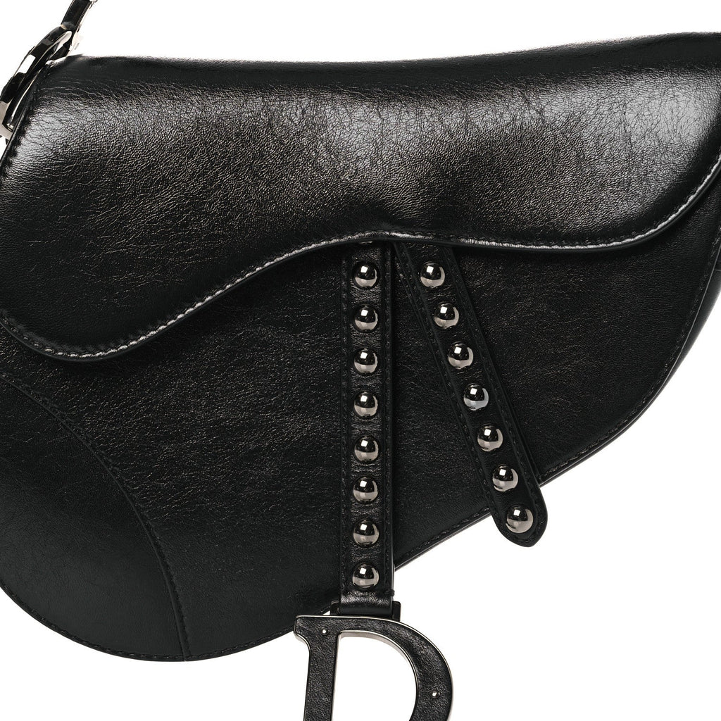Shiny Crinkled Calfskin Studded Saddle Bag Black