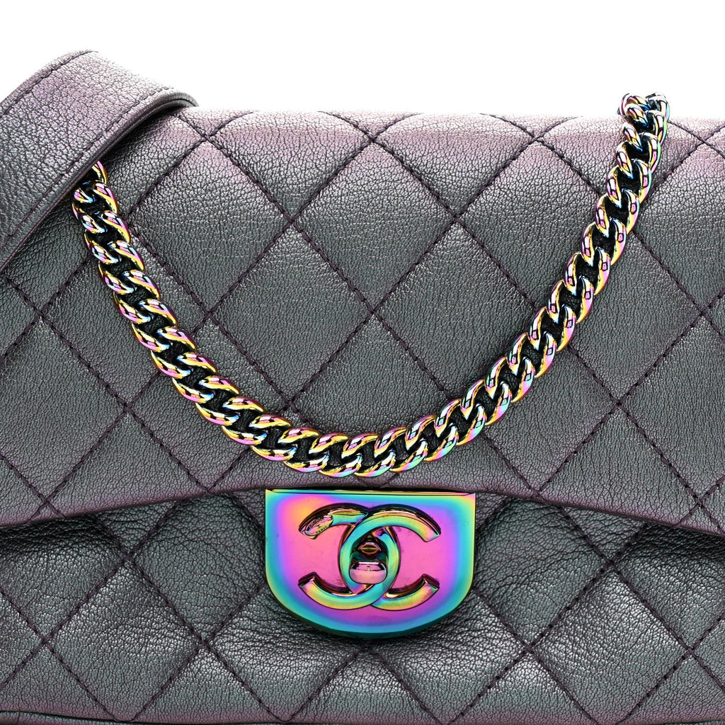 Iridescent Goatskin Quilted Small Double Carry Waist Chain Flap Purple