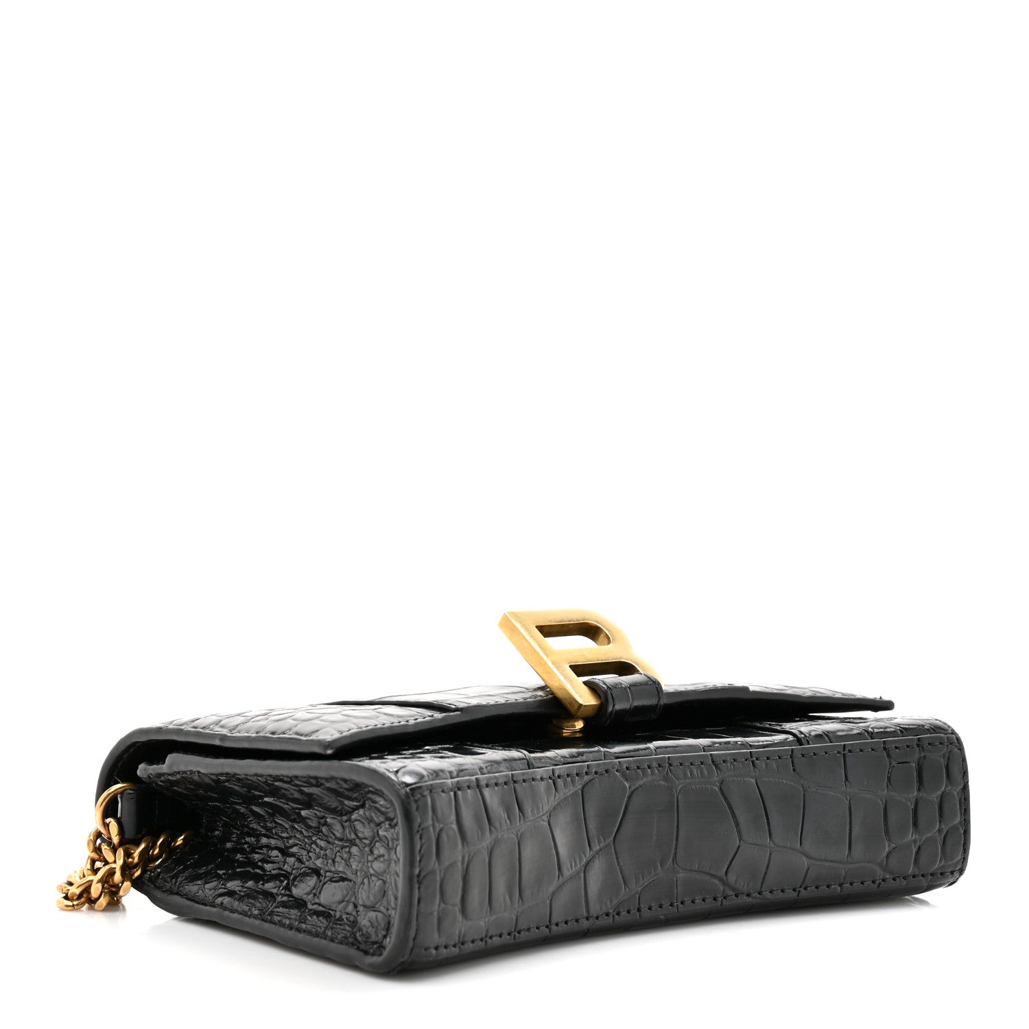 Shiny Calfskin Crocodile Embossed Hourglass Chain Bag Black
