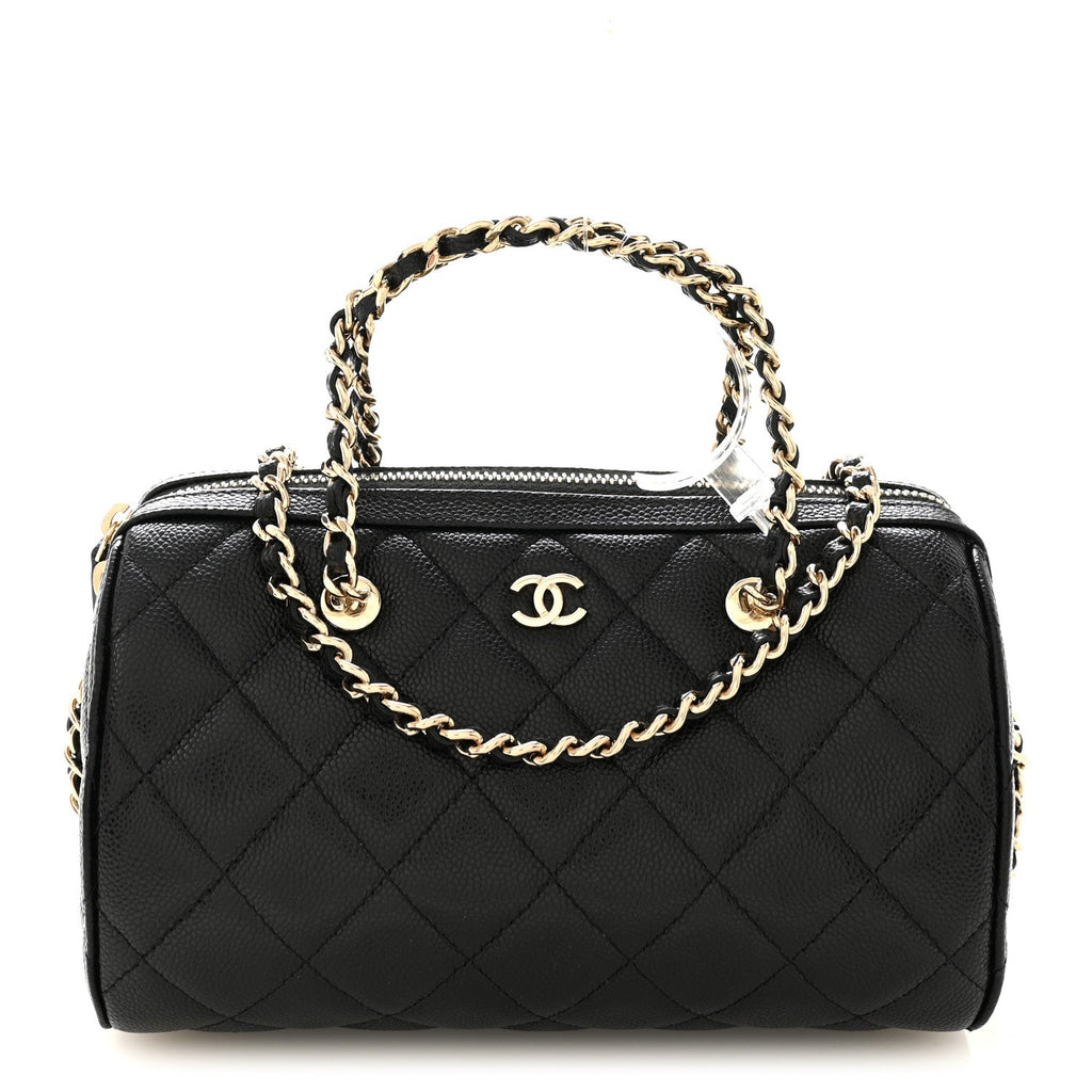 Caviar Quilted Barrel Clutch With Chain Black