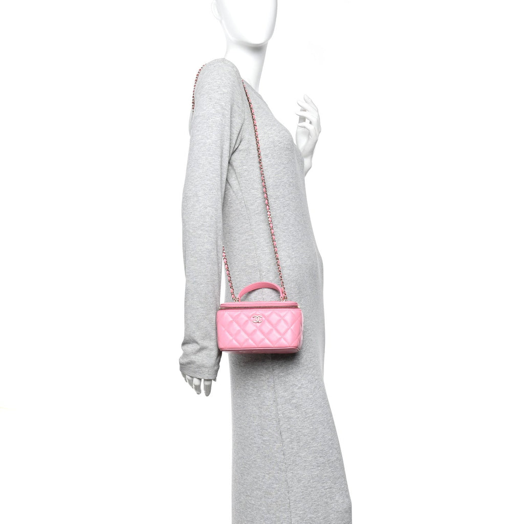 Lambskin Quilted Small Top Handle Vanity Case With Chain Pink