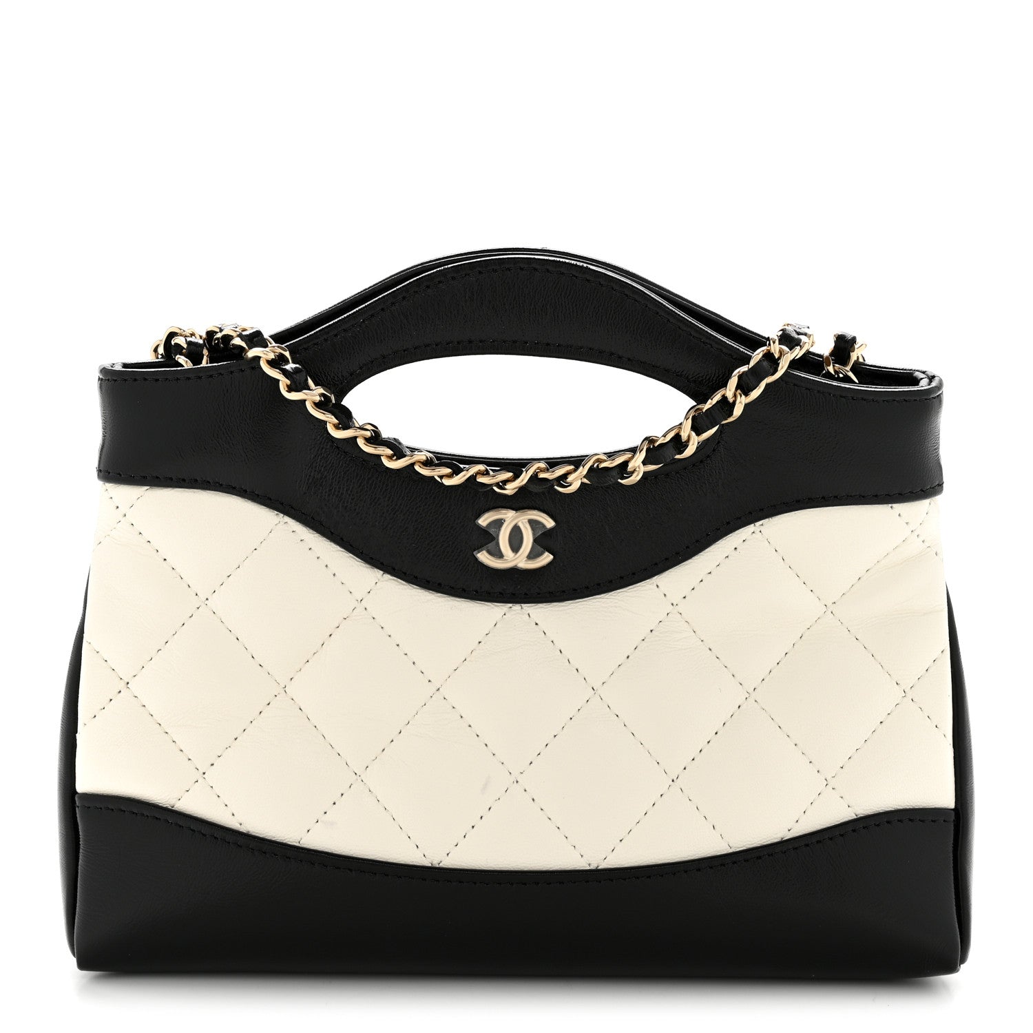 Shiny Crumpled Calfskin Quilted Nano 31 Shopping Bag White Black