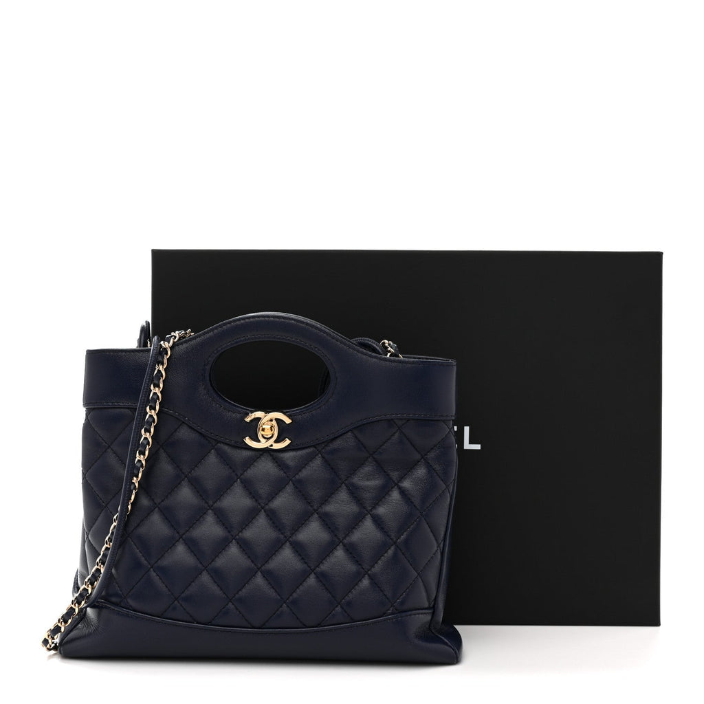Shiny Crumpled Calfskin Quilted Mini 31 Shopping Bag Navy Blue