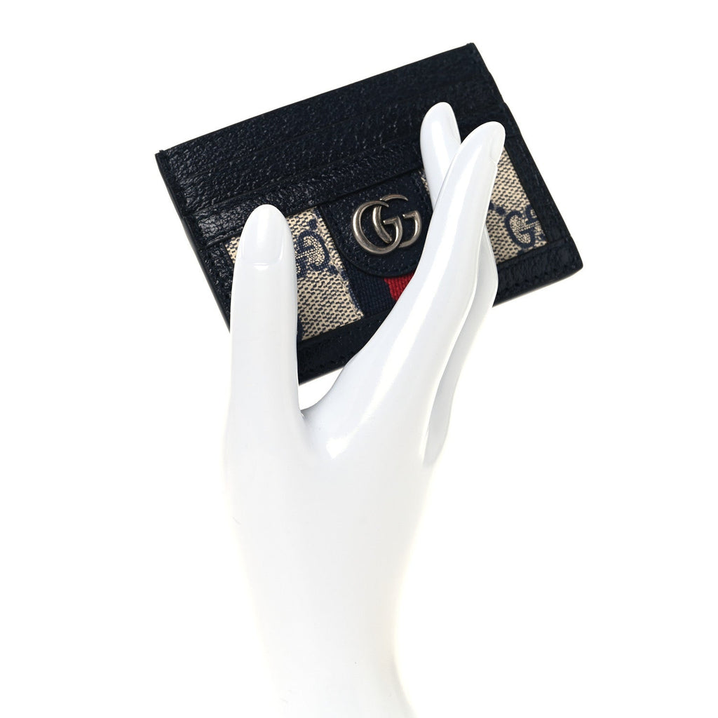 GG Supreme Monogram Textured Dollar Calfskin Web Ophidia  Holder Beige Blue
