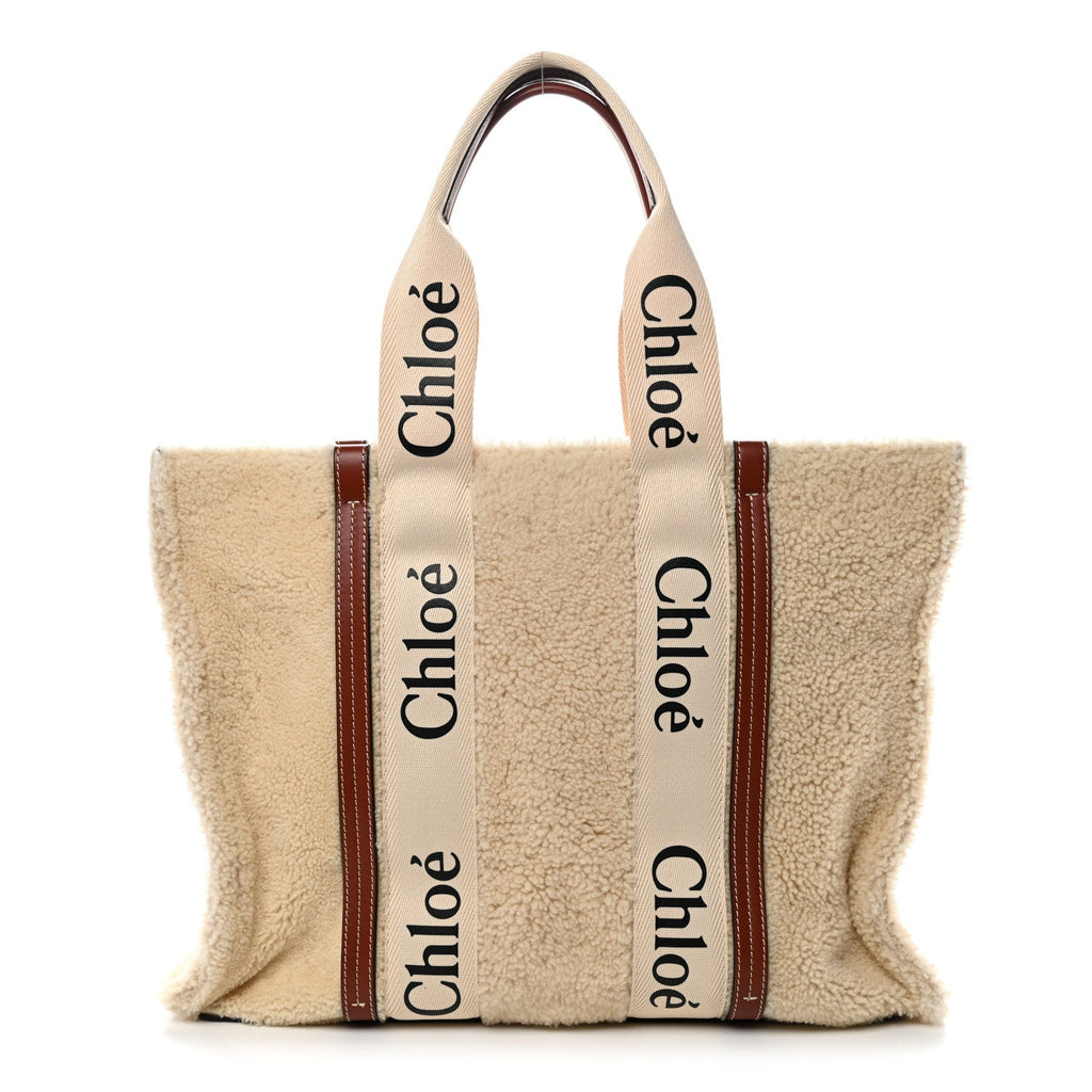 Shearling Calfskin Large Woody Ribbon Tote Mild Beige