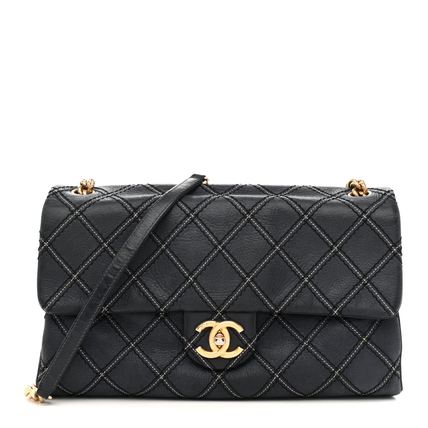 Iridescent Calfskin Triple Stitched Medium Flap Navy