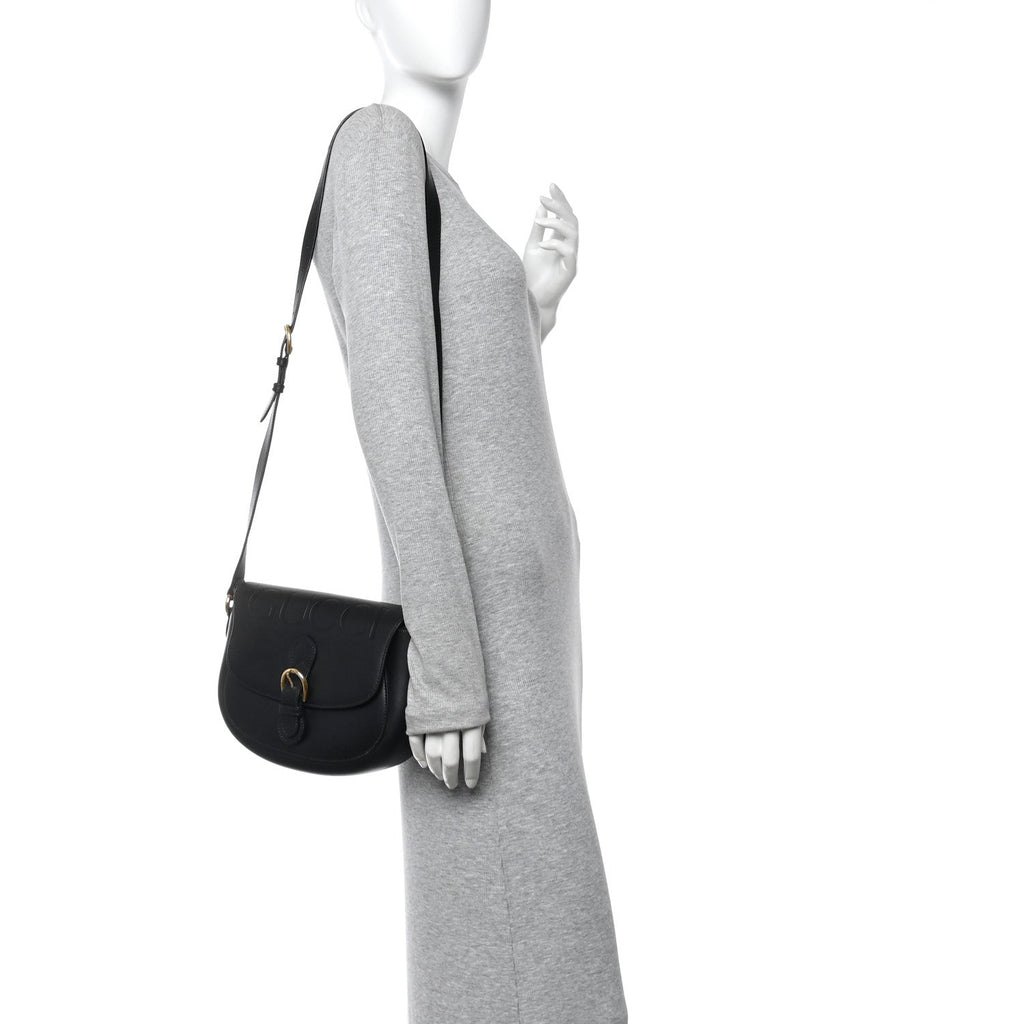 Charisma Calfskin Gucci Embossed Shoulder Flap Bag Black