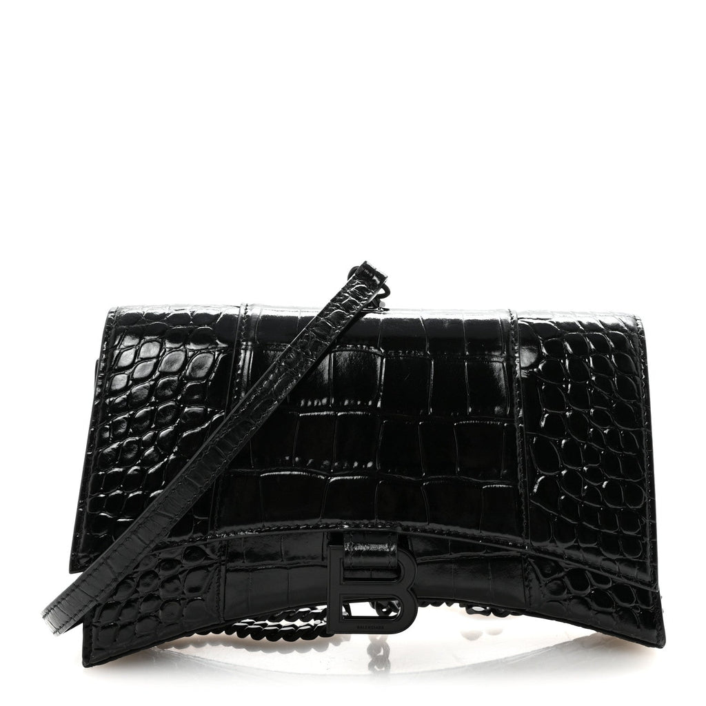 Shiny Calfskin Monochrome Crocodile Embossed Small Hourglass Evening Chain Bag Black