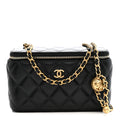 Lambskin Quilted Pearl Crush Small Vanity Case With Chain Black
